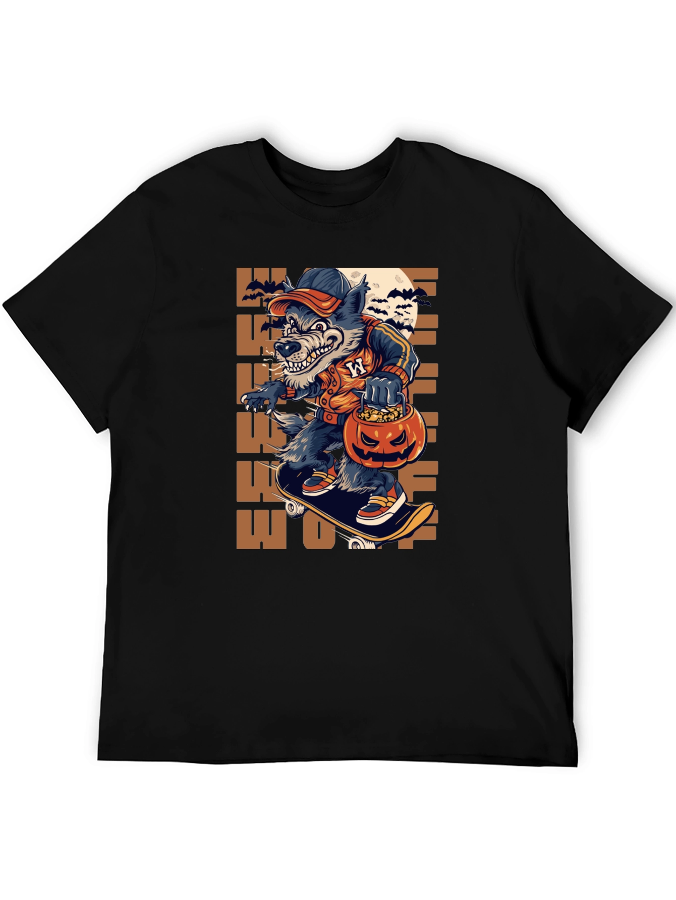 Wolf Halloween T-Shirt: Skateboarding Pumpkin
