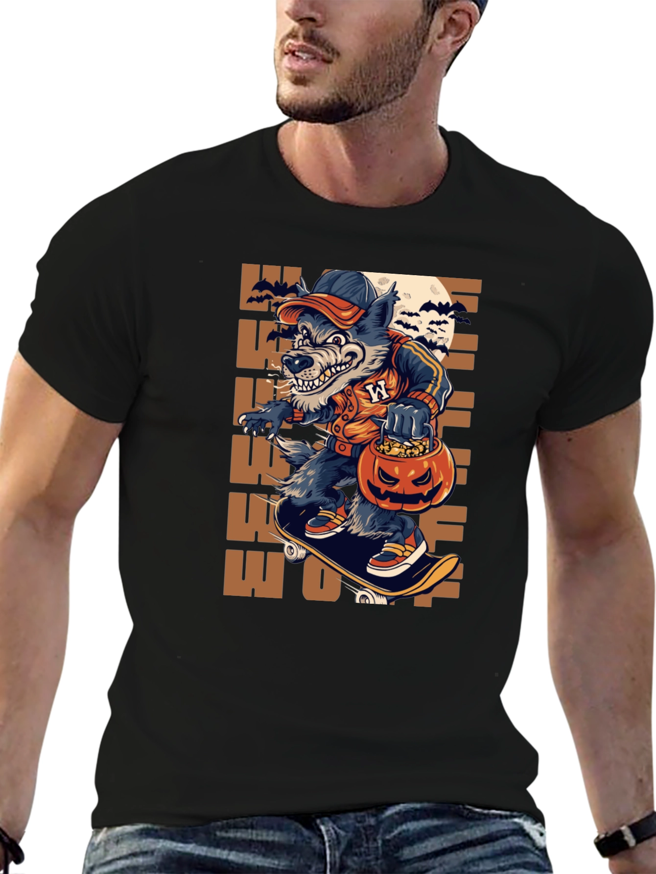 Wolf Halloween T-Shirt: Skateboarding Pumpkin