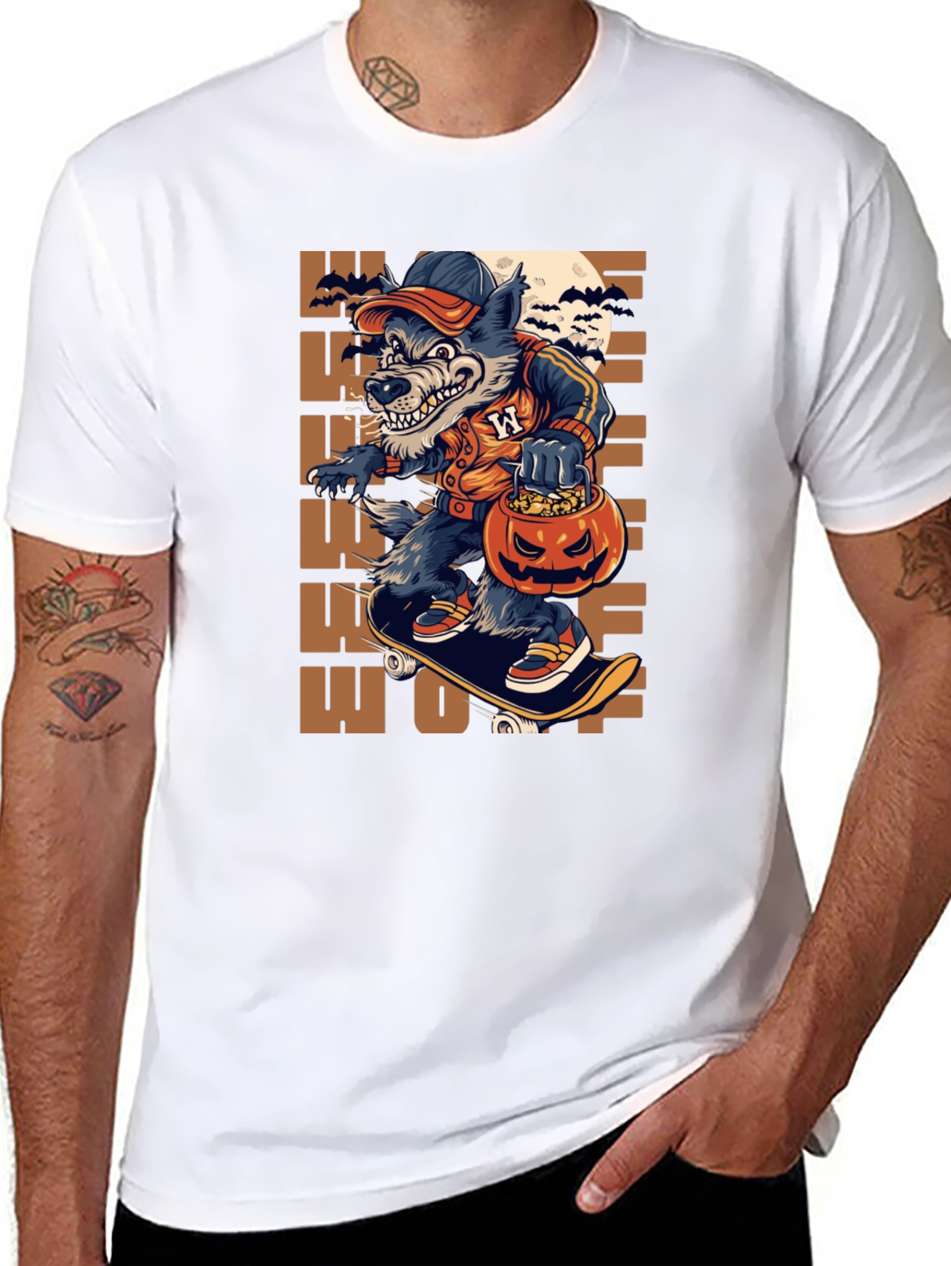 Wolf Halloween T-Shirt: Skateboarding Pumpkin
