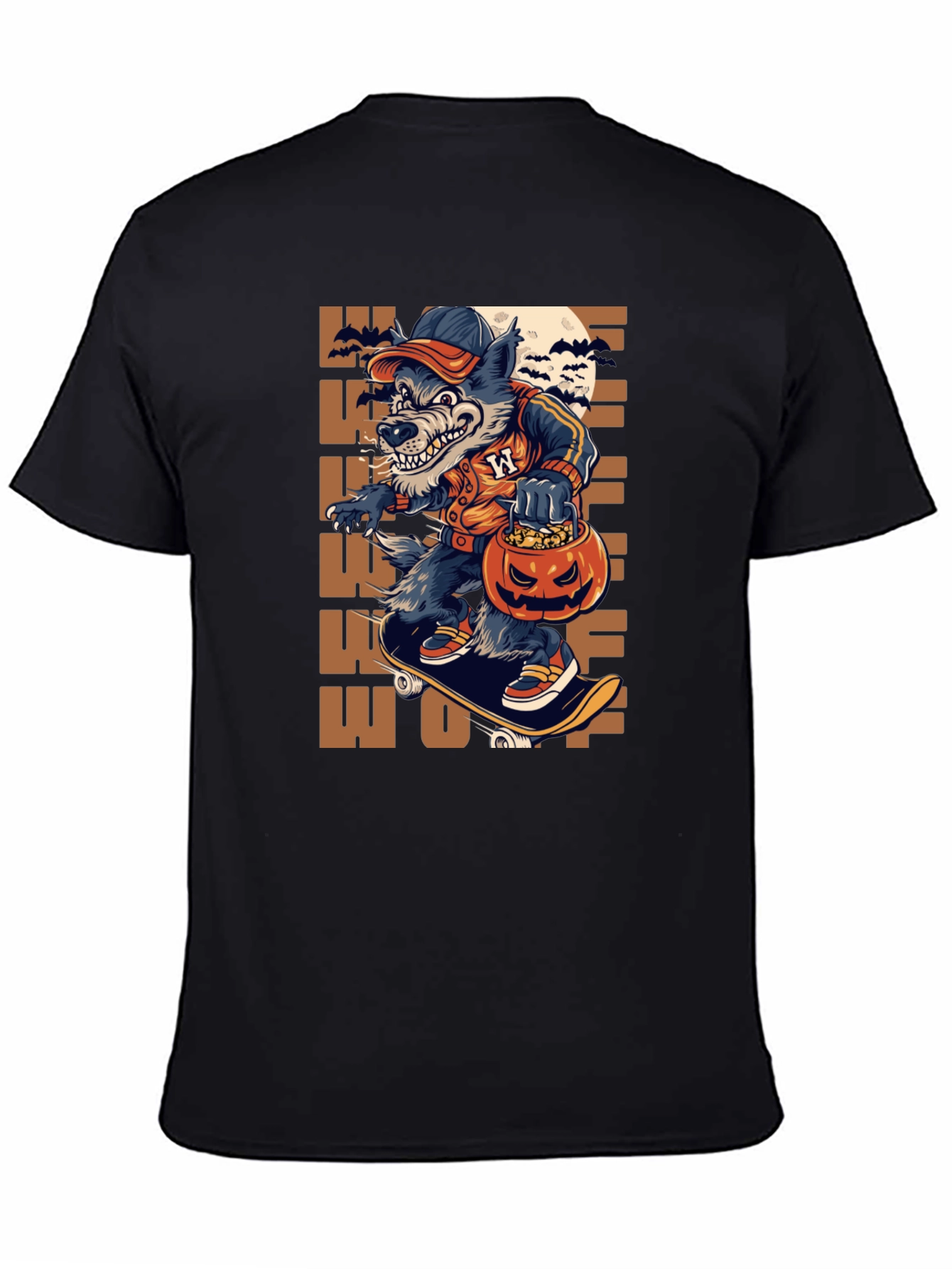 Wolf Halloween T-Shirt: Skateboarding Pumpkin
