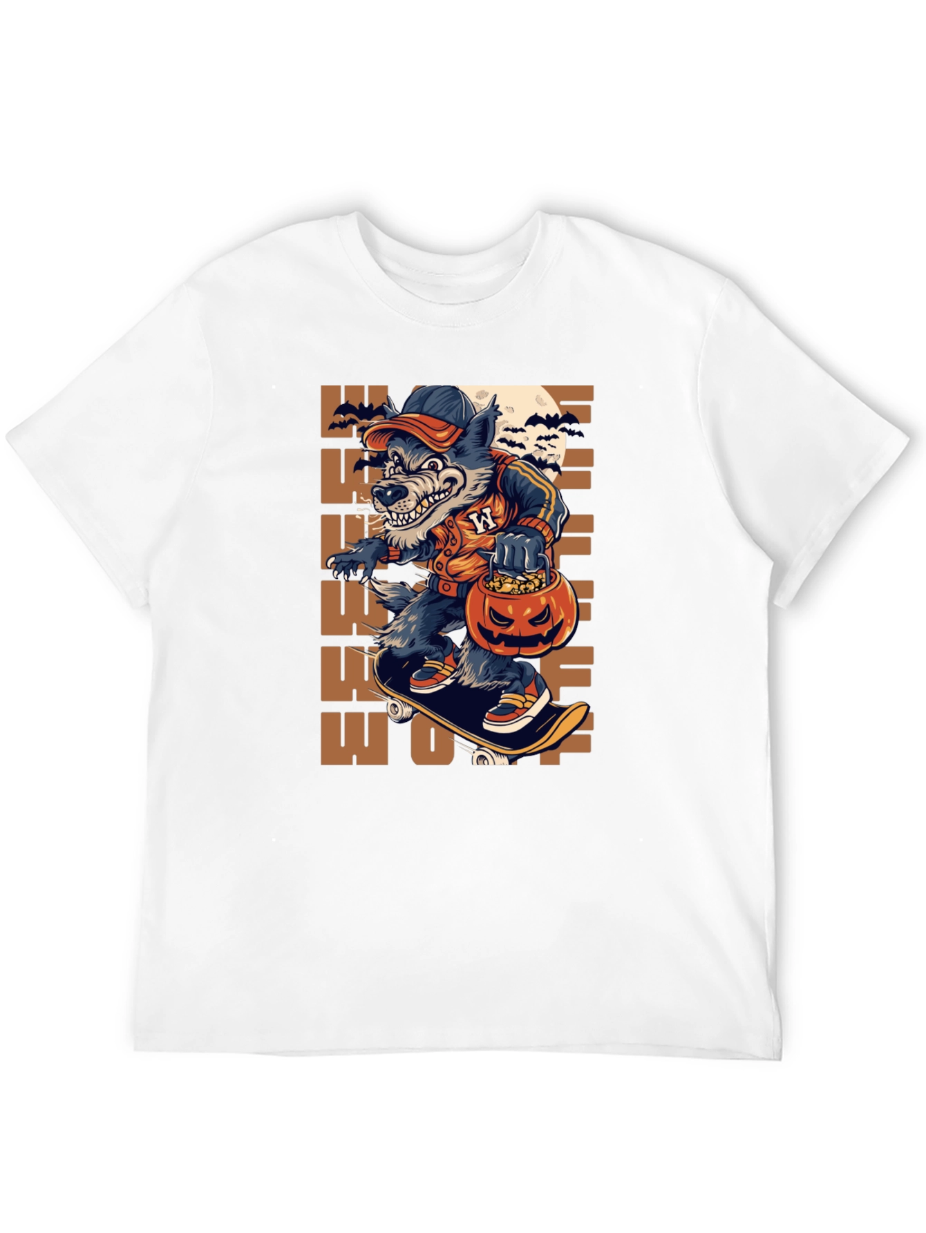 Wolf Halloween T-Shirt: Skateboarding Pumpkin