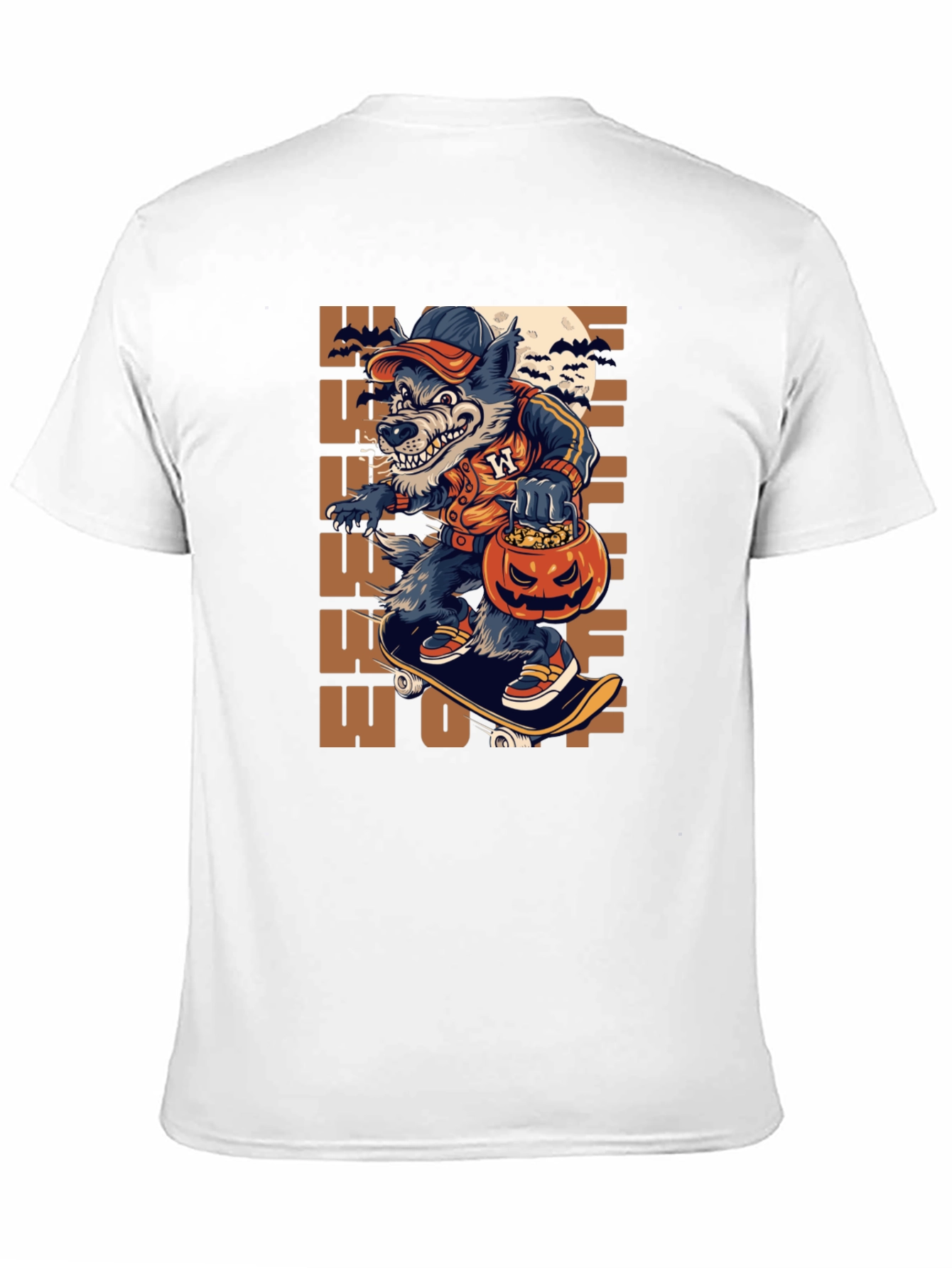 Wolf Halloween T-Shirt: Skateboarding Pumpkin
