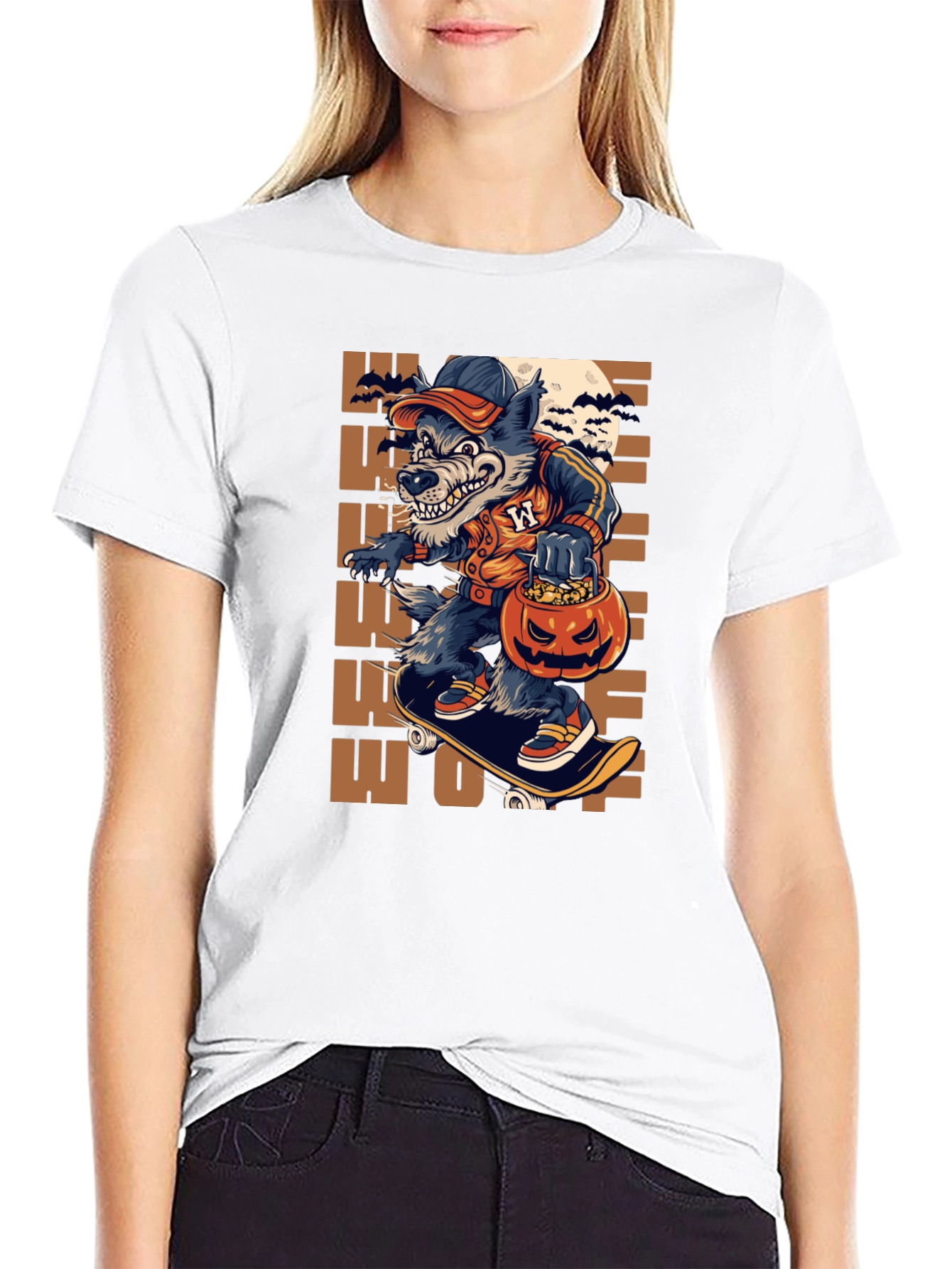 Wolf Halloween T-Shirt: Skateboarding Pumpkin
