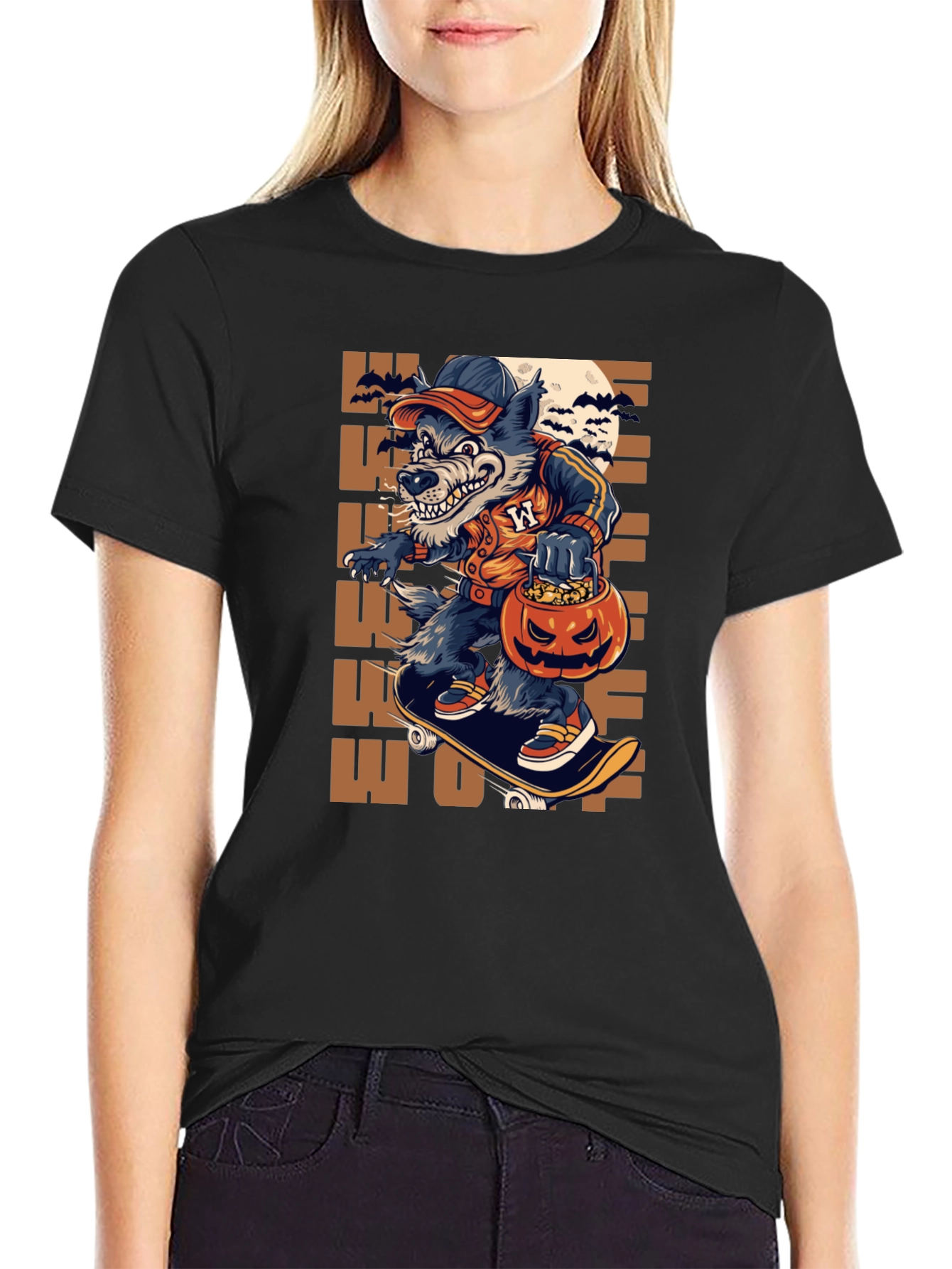 Wolf Halloween T-Shirt: Skateboarding Pumpkin