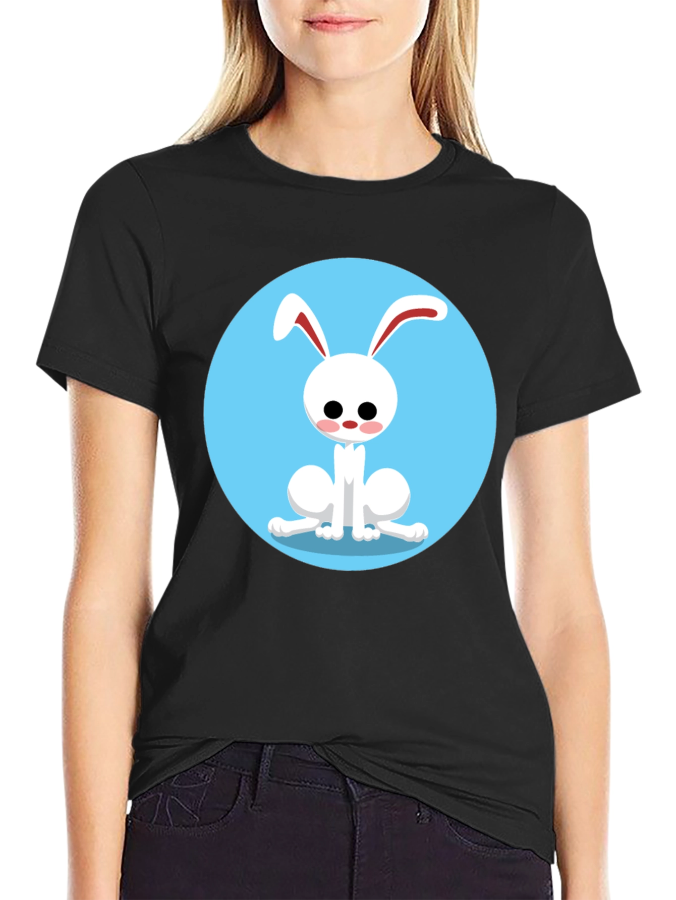Cute Cartoon Rabbit Graphic Tee - Black