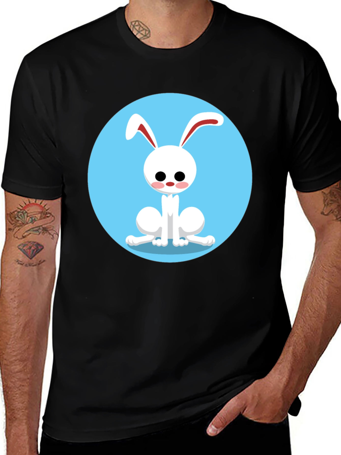 Cute Cartoon Rabbit Graphic Tee - Black