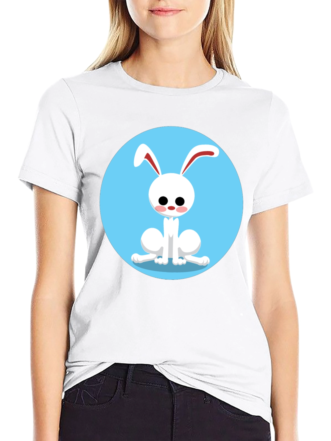 Cute Cartoon Rabbit Graphic Tee - Black