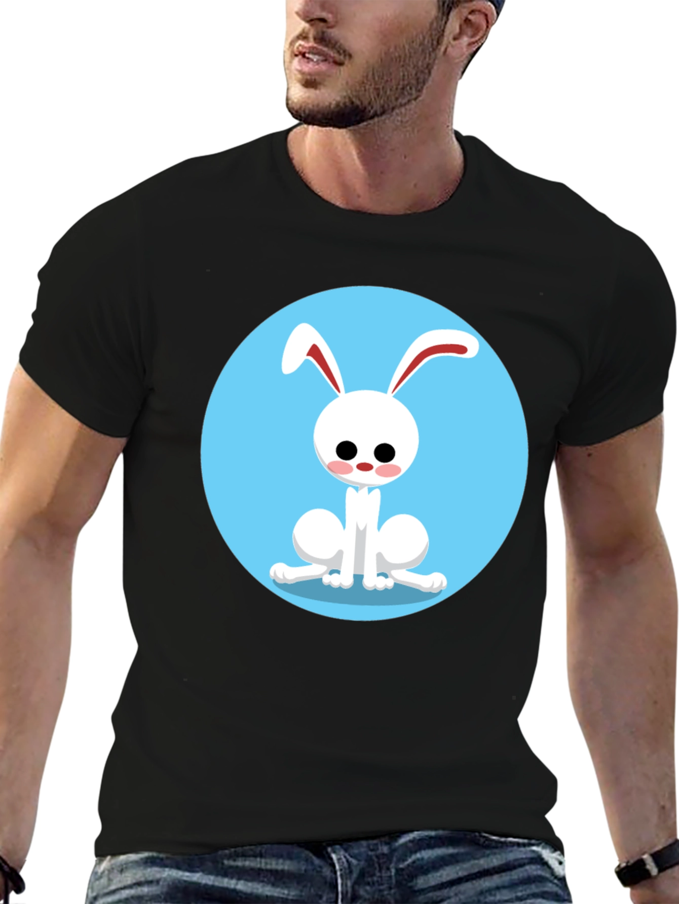 Cute Cartoon Rabbit Graphic Tee - Black
