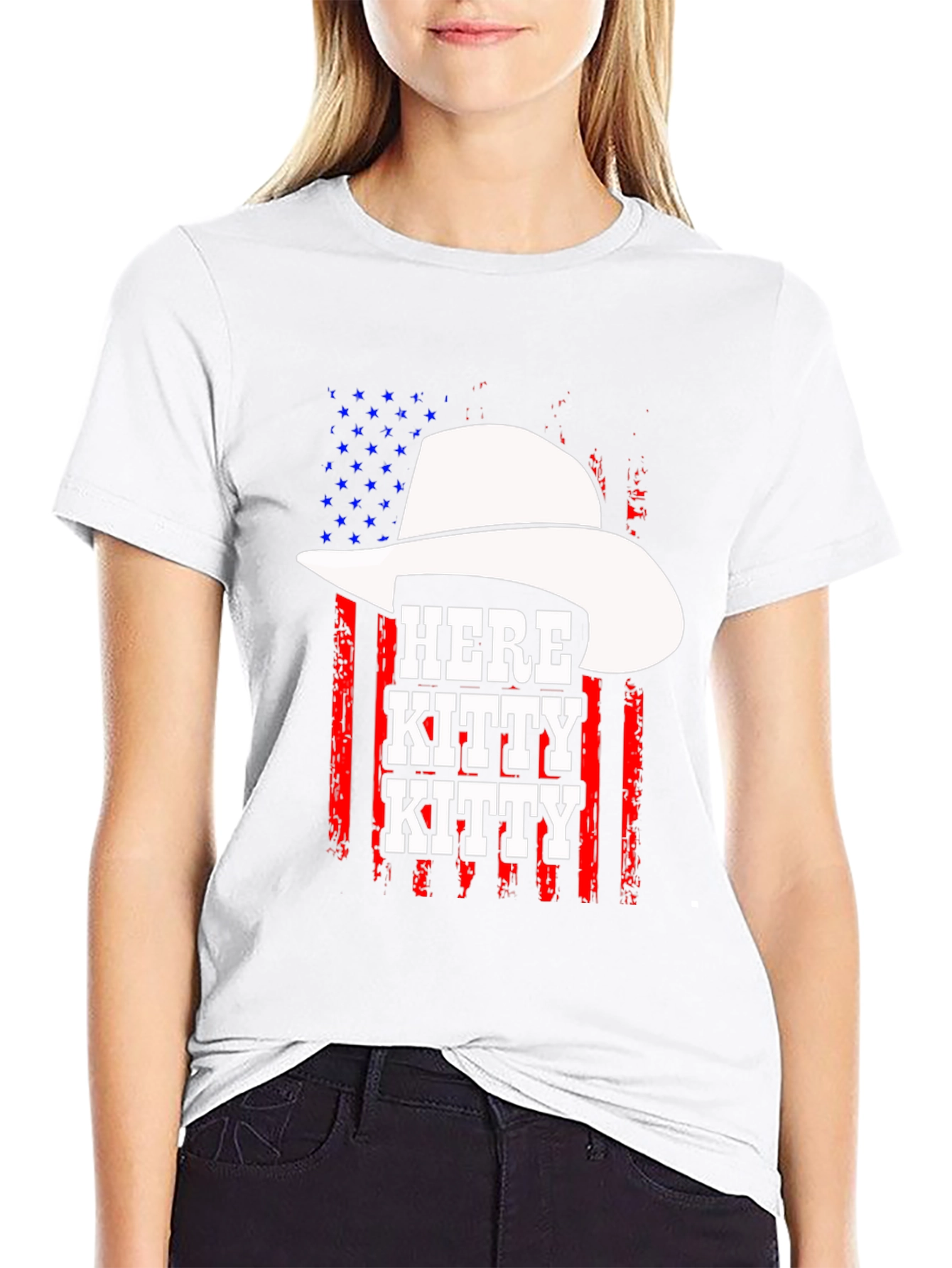 Here Kitty Kitty Cowboy USA Flag T-Shirt