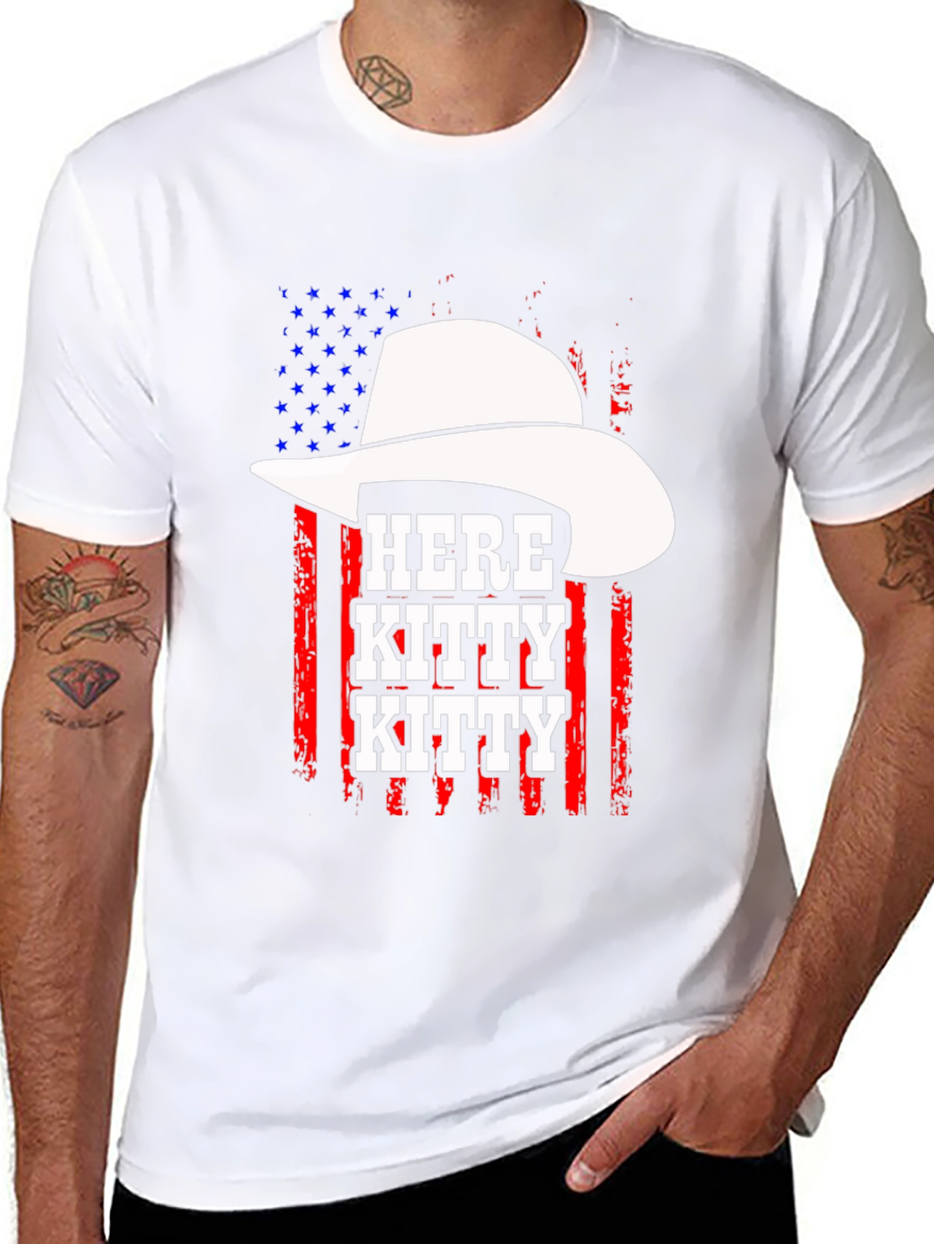 Here Kitty Kitty Cowboy USA Flag T-Shirt
