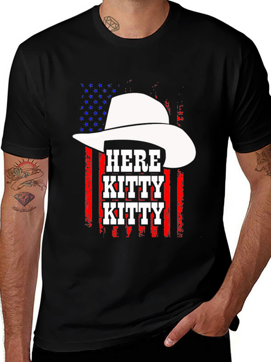 Here Kitty Kitty Cowboy USA Flag T-Shirt