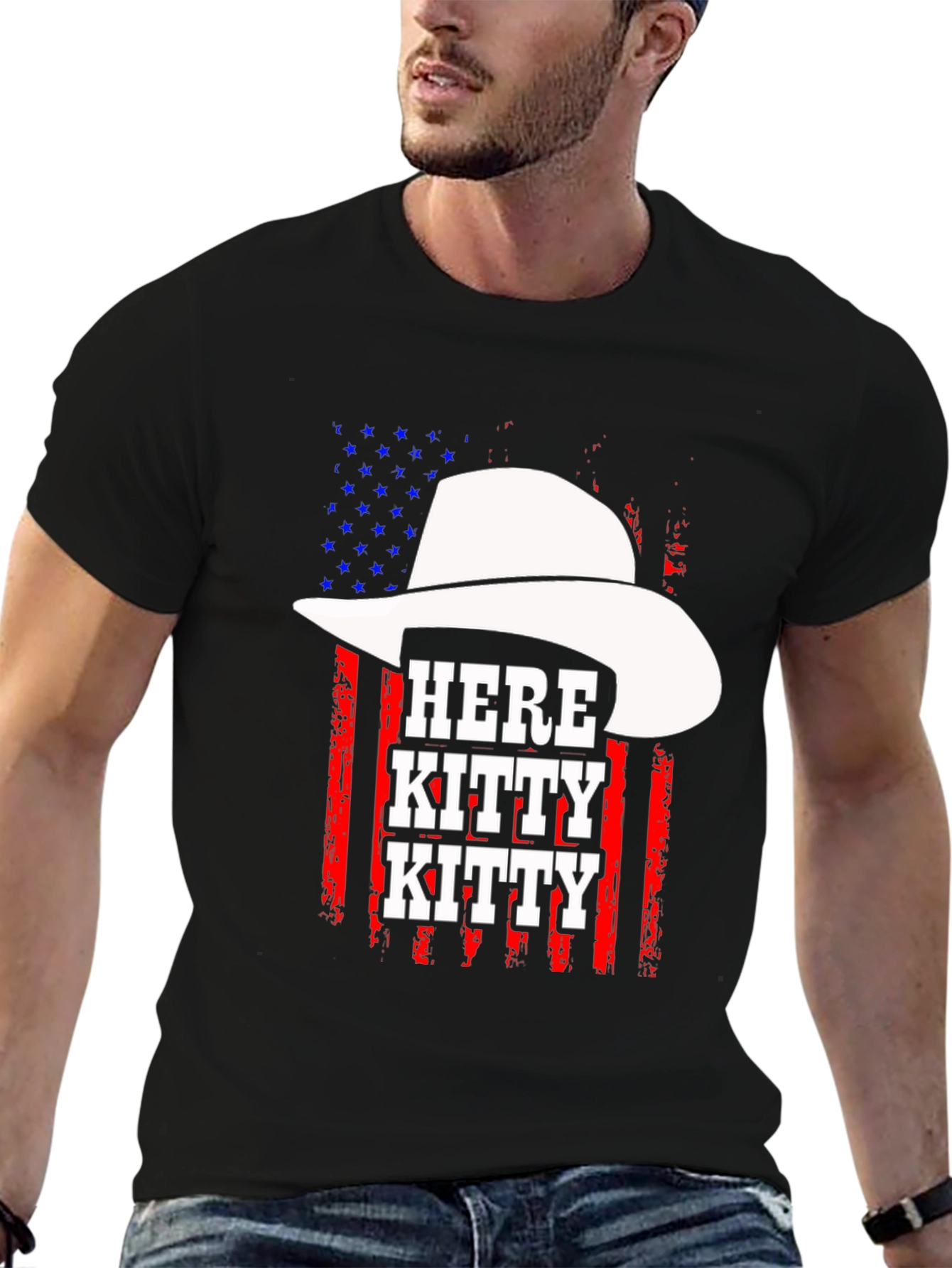 Here Kitty Kitty Cowboy USA Flag T-Shirt