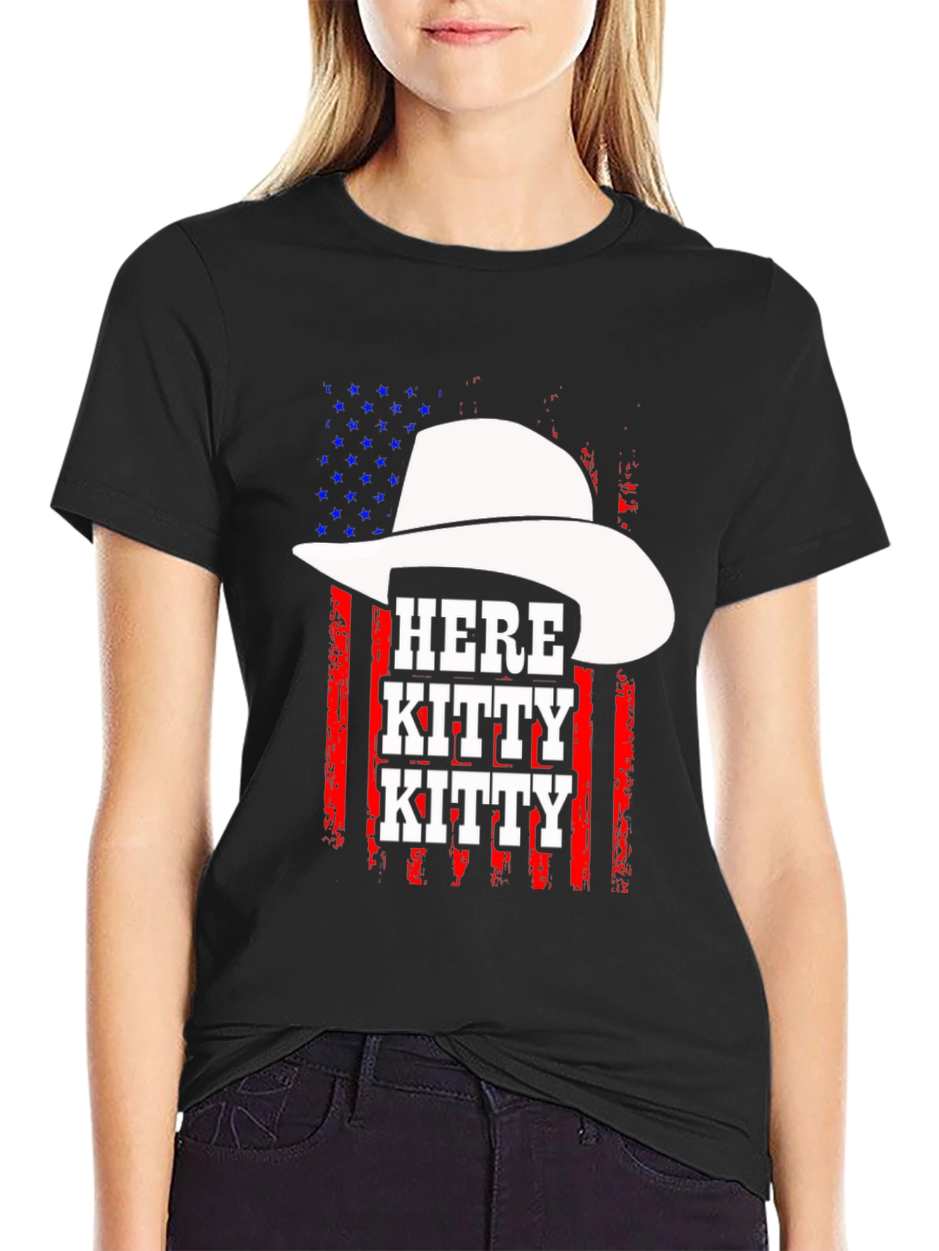 Here Kitty Kitty Cowboy USA Flag T-Shirt