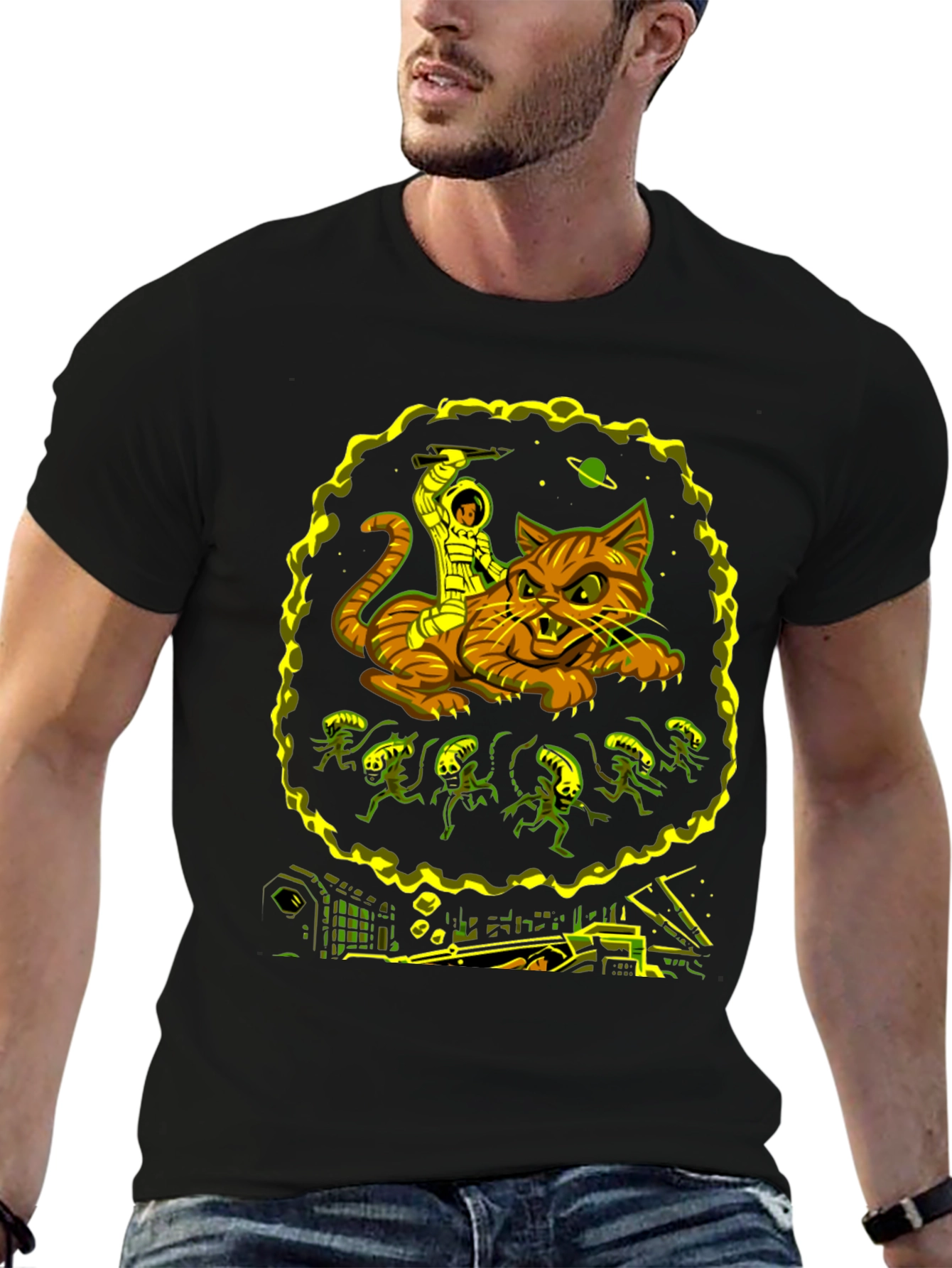 Cosmic Cat Rider Tee - Sci-Fi Graphic T-Shirt