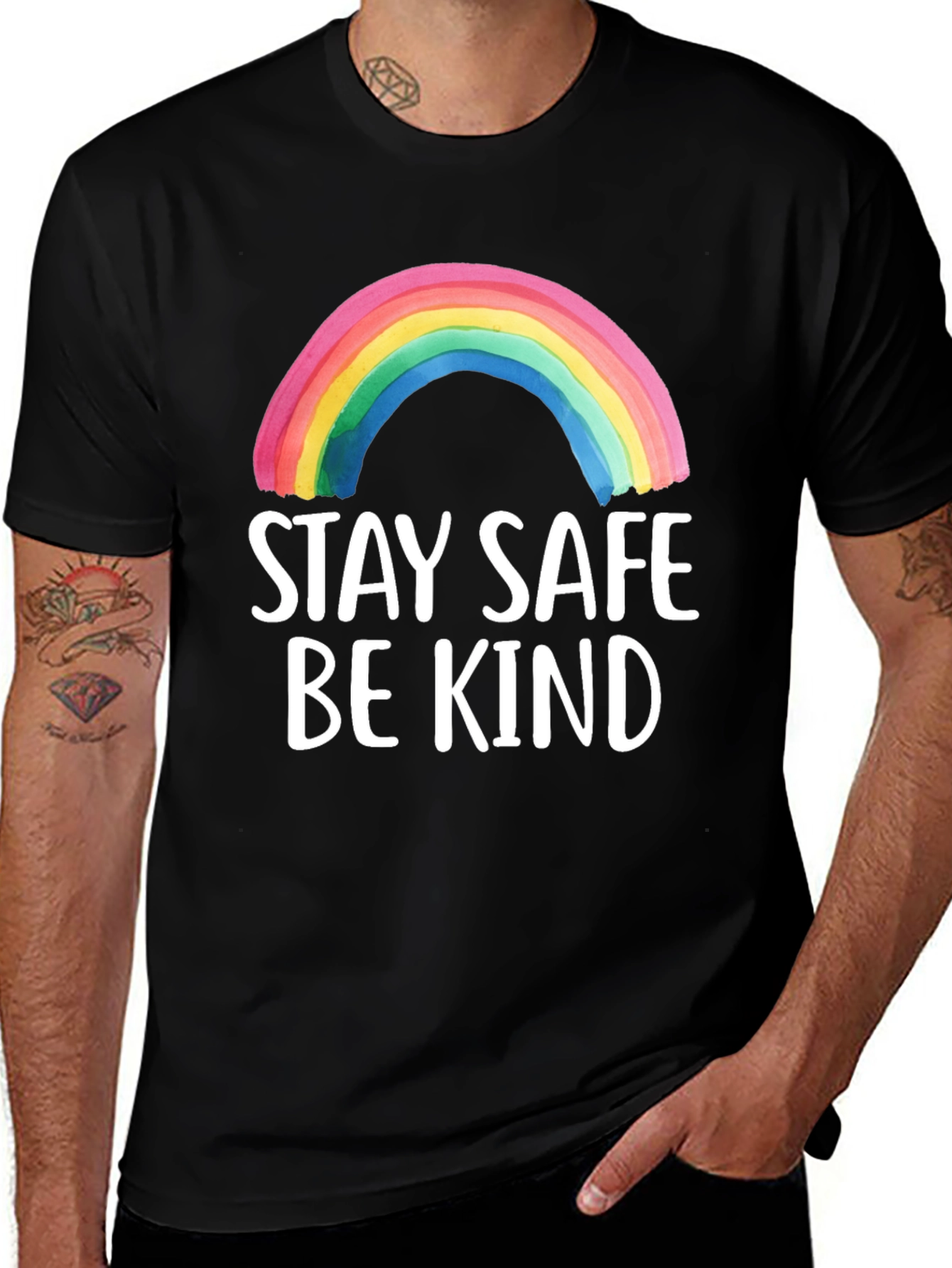 Stay Safe Be Kind Rainbow Graphic Tee