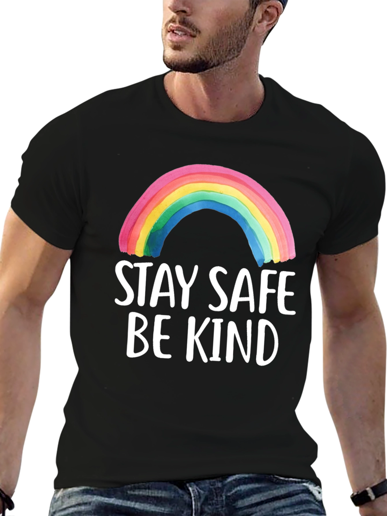 Stay Safe Be Kind Rainbow Graphic Tee