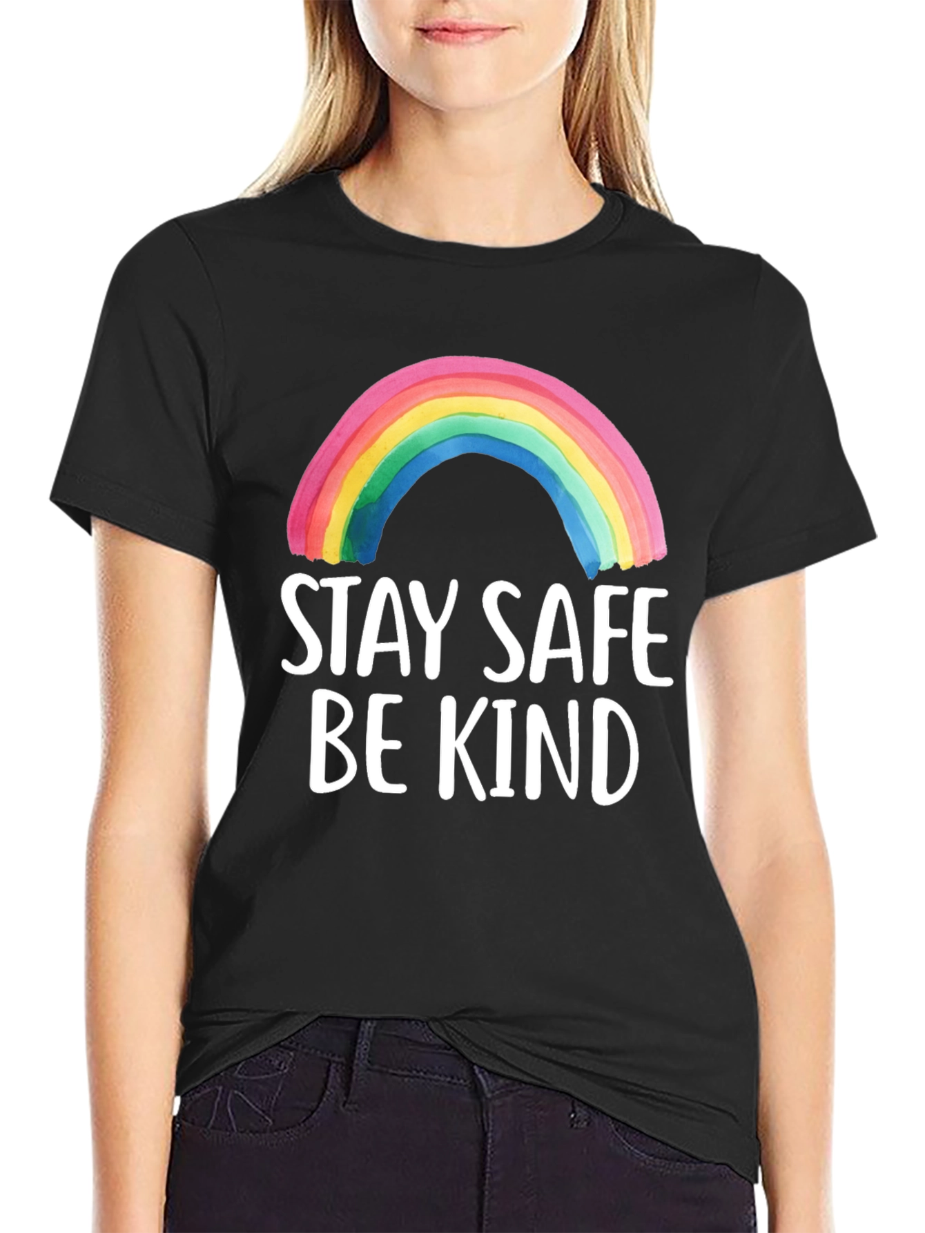 Stay Safe Be Kind Rainbow Graphic Tee