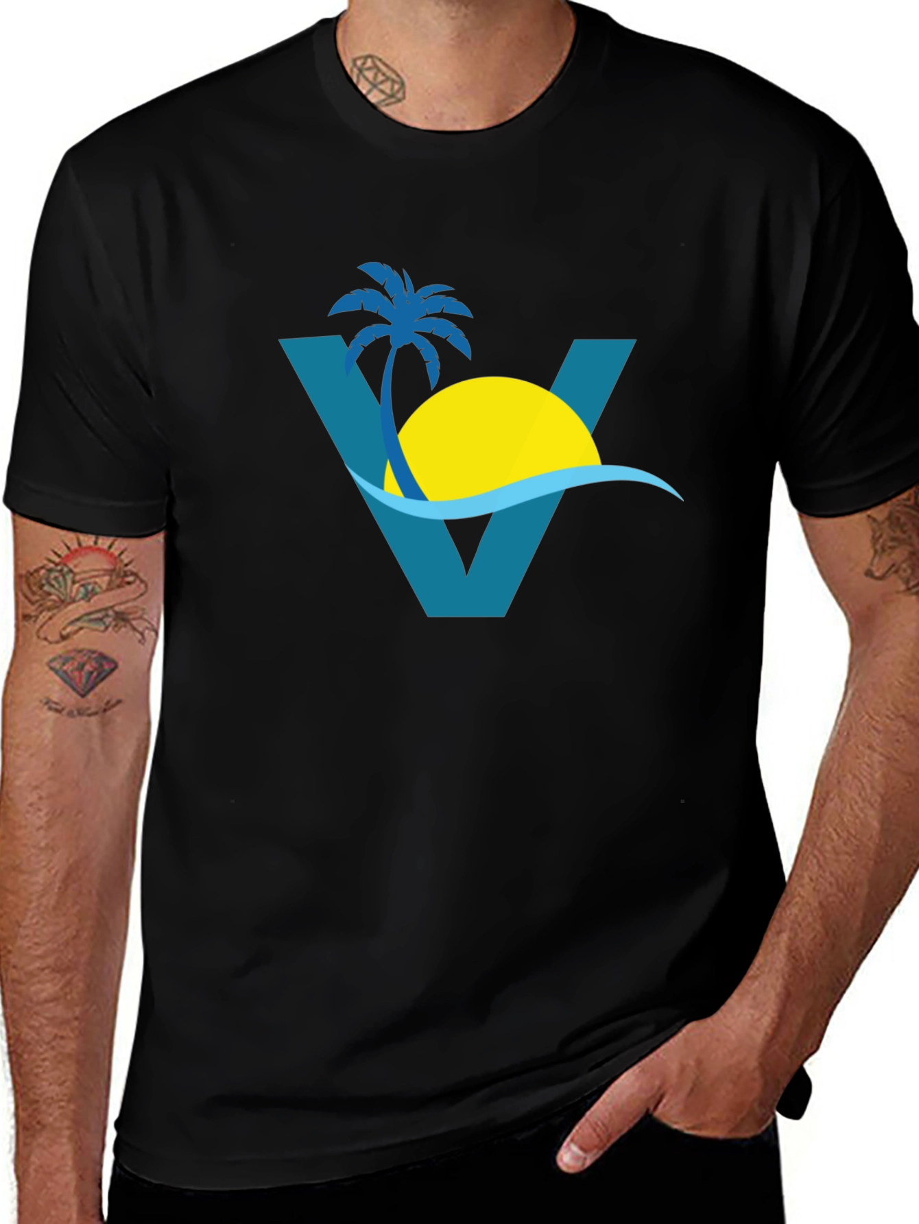 Tropical Beach Palm Tree Graphic Tee - Black