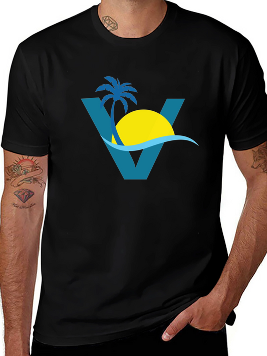 Tropical Beach Palm Tree Graphic Tee - Black