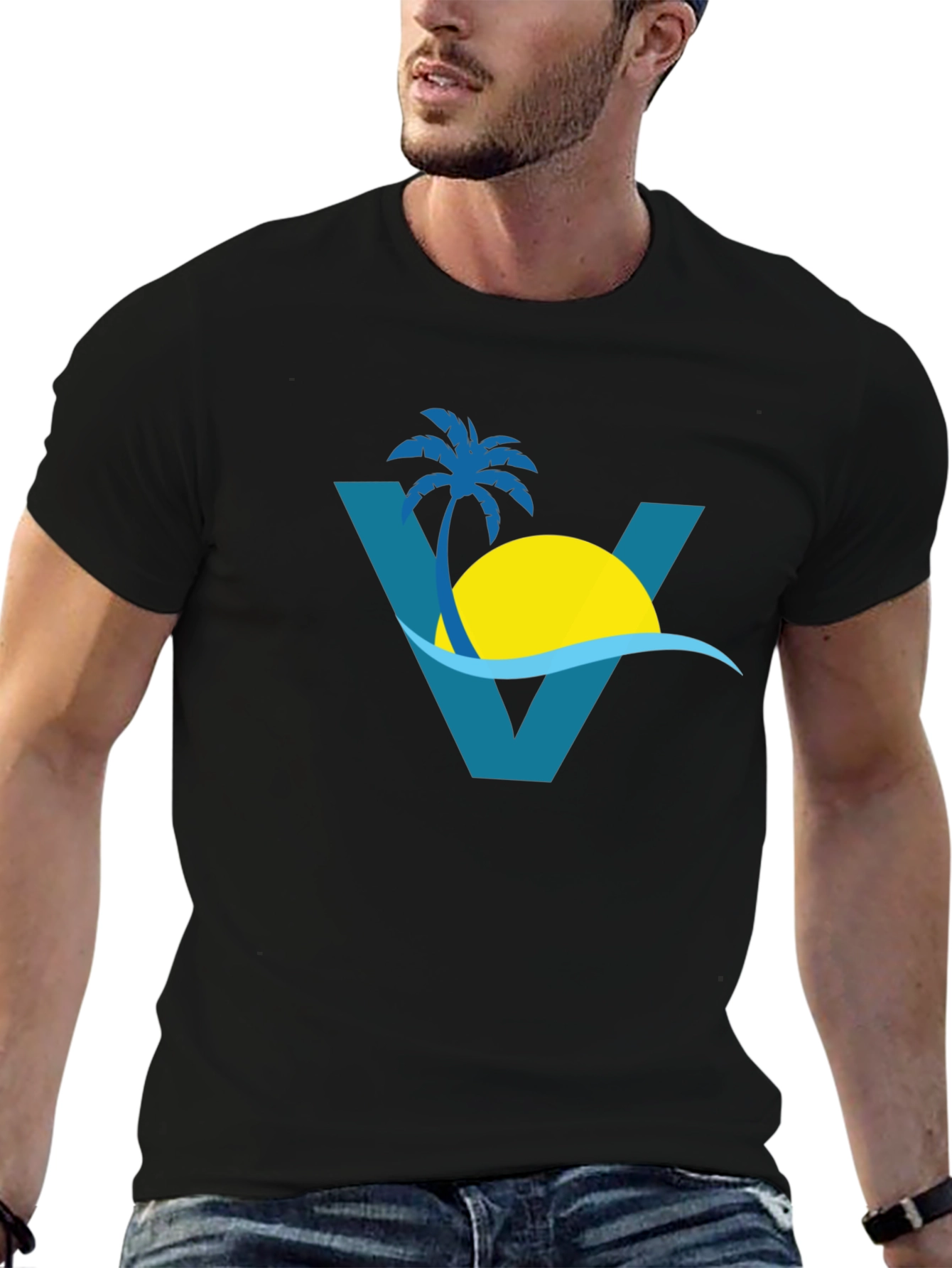 Tropical Beach Palm Tree Graphic Tee - Black