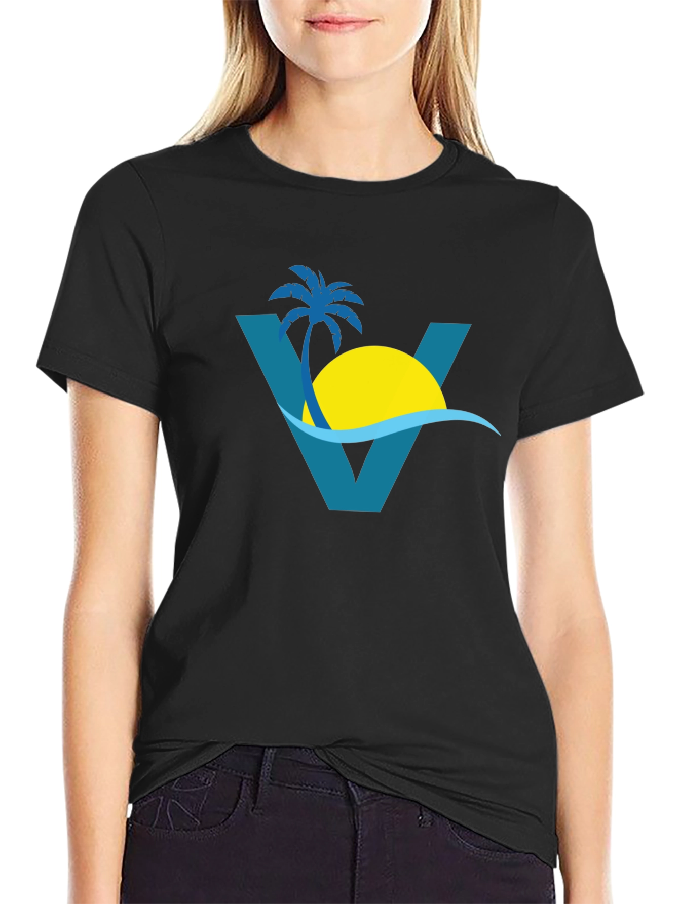 Tropical Beach Palm Tree Graphic Tee - Black