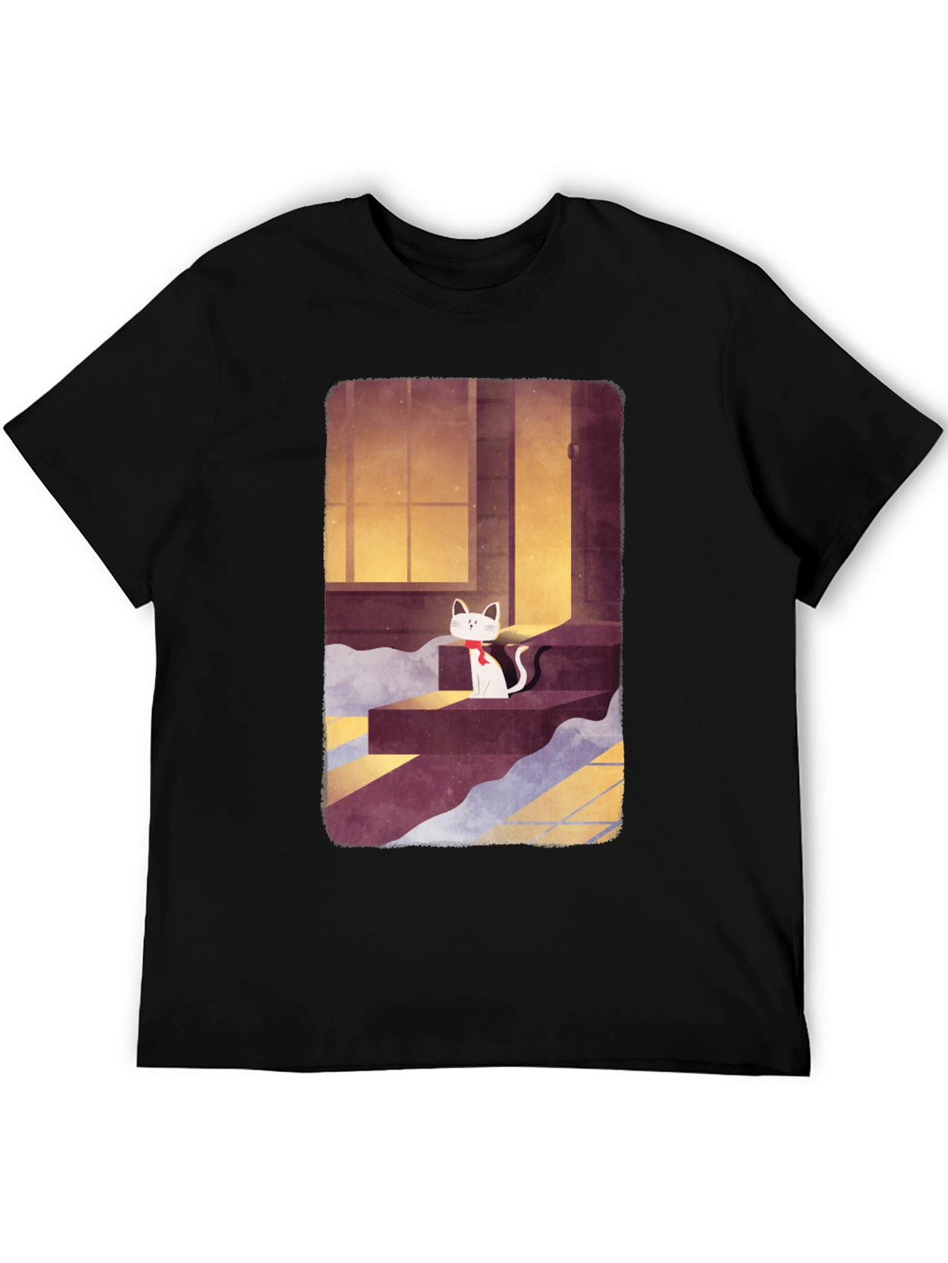 Cat on Steps Graphic Tee - Unisex Black T-Shirt