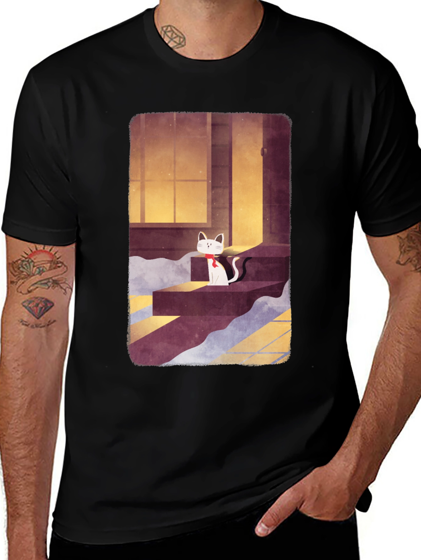 Cat on Steps Graphic Tee - Unisex Black T-Shirt