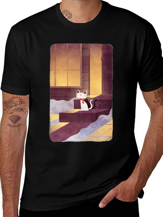 Cat on Steps Graphic Tee - Unisex Black T-Shirt