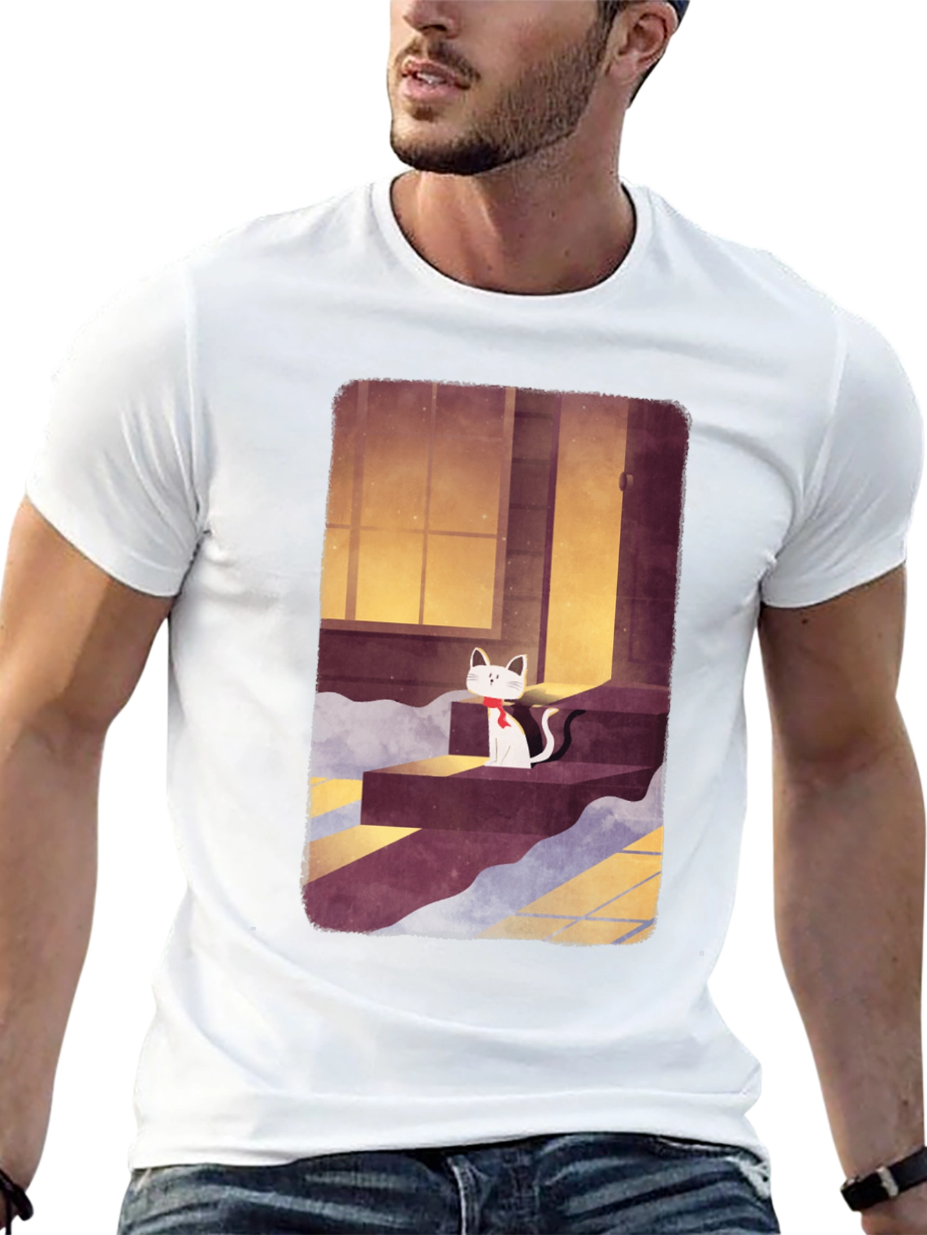 Cat on Steps Graphic Tee - Unisex Black T-Shirt
