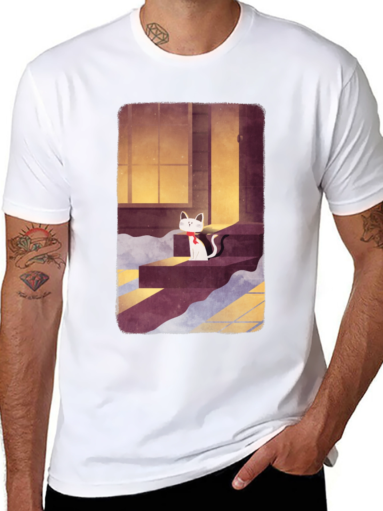 Cat on Steps Graphic Tee - Unisex Black T-Shirt