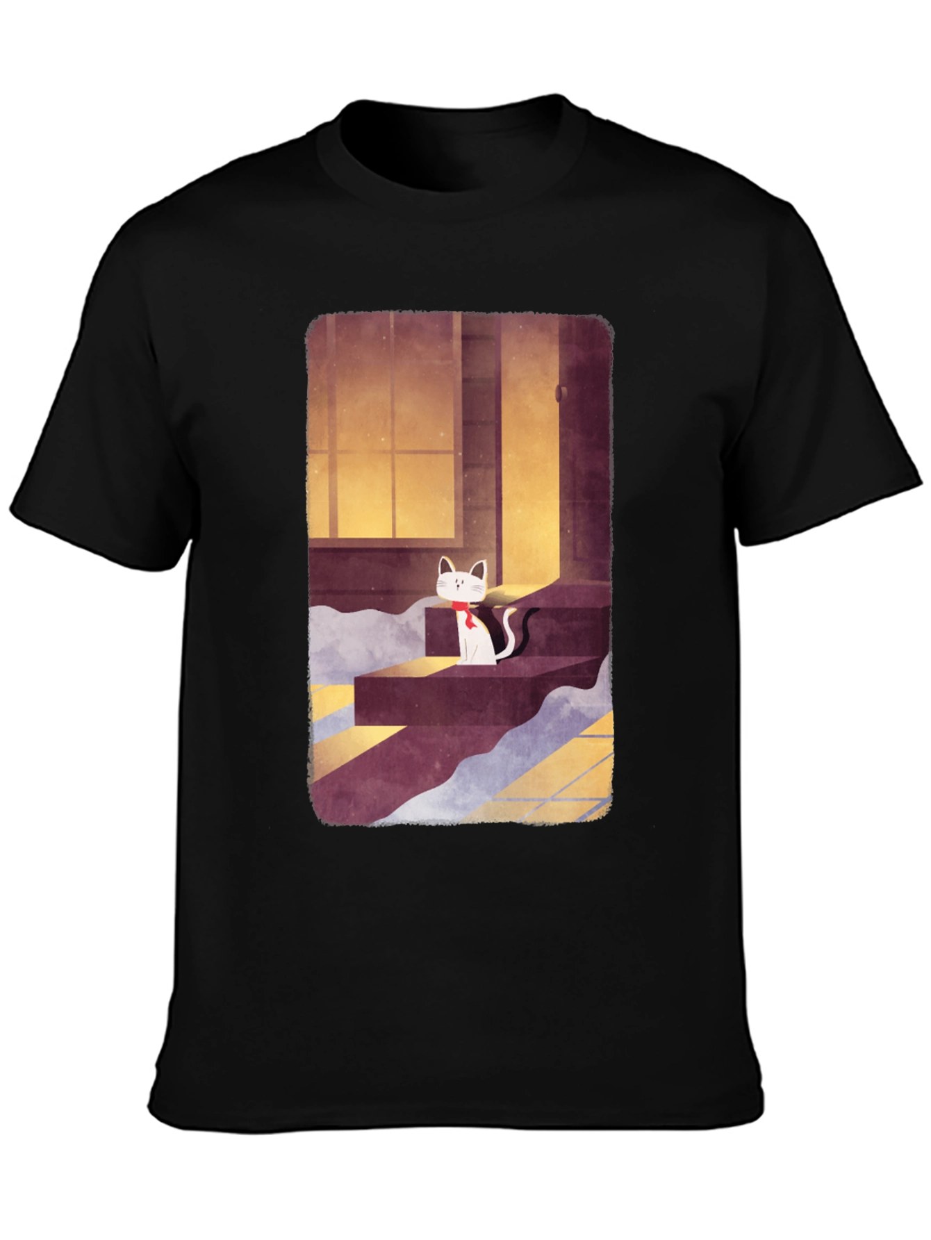 Cat on Steps Graphic Tee - Unisex Black T-Shirt
