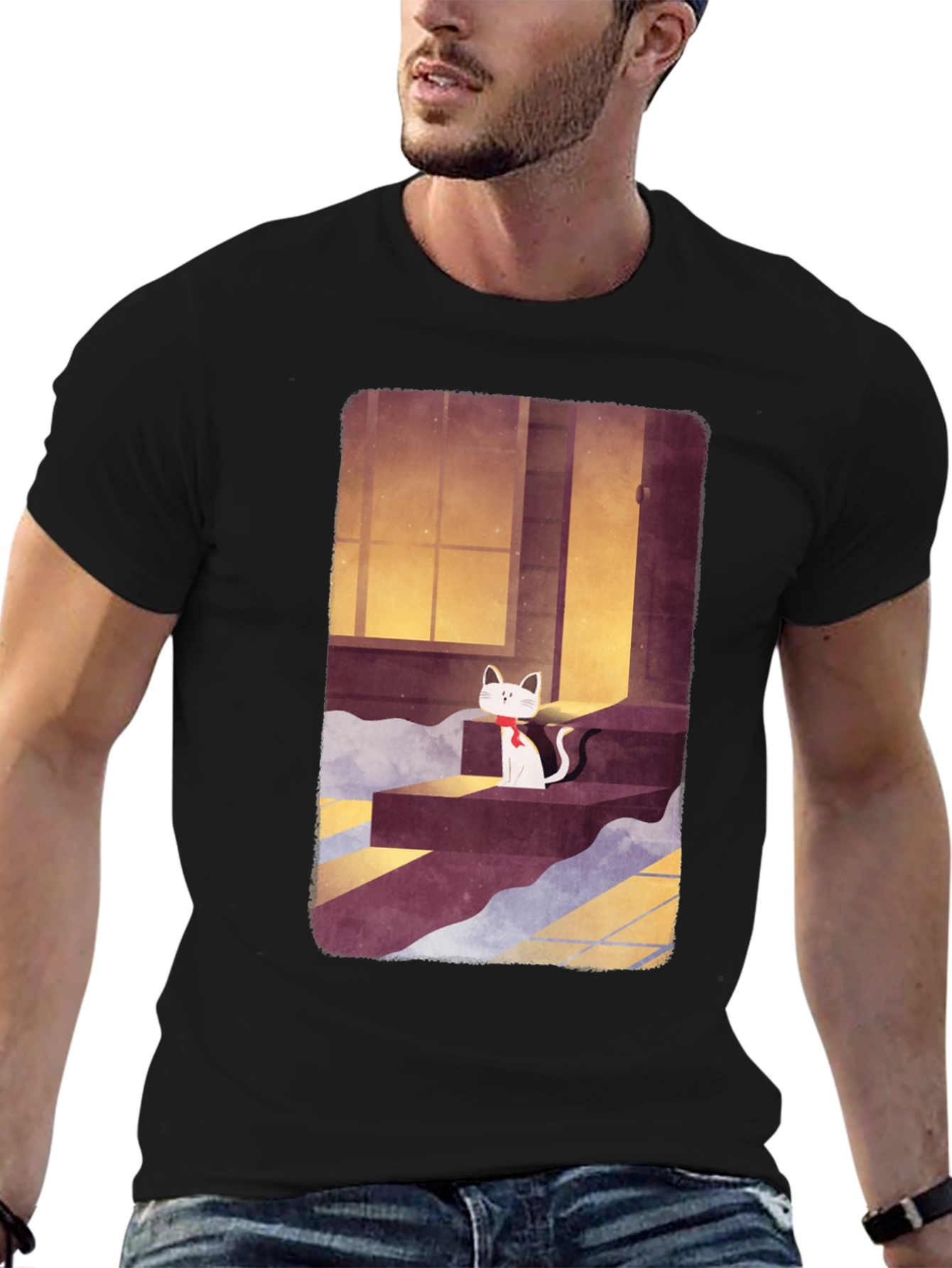 Cat on Steps Graphic Tee - Unisex Black T-Shirt