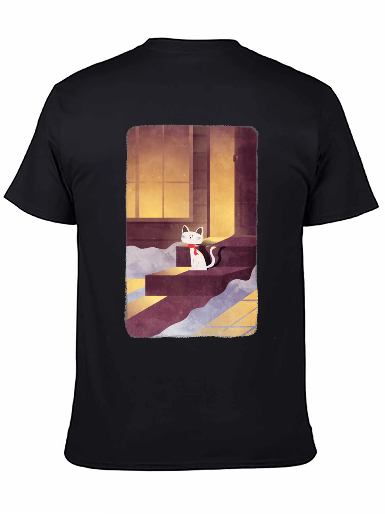 Cat on Steps Graphic Tee - Unisex Black T-Shirt