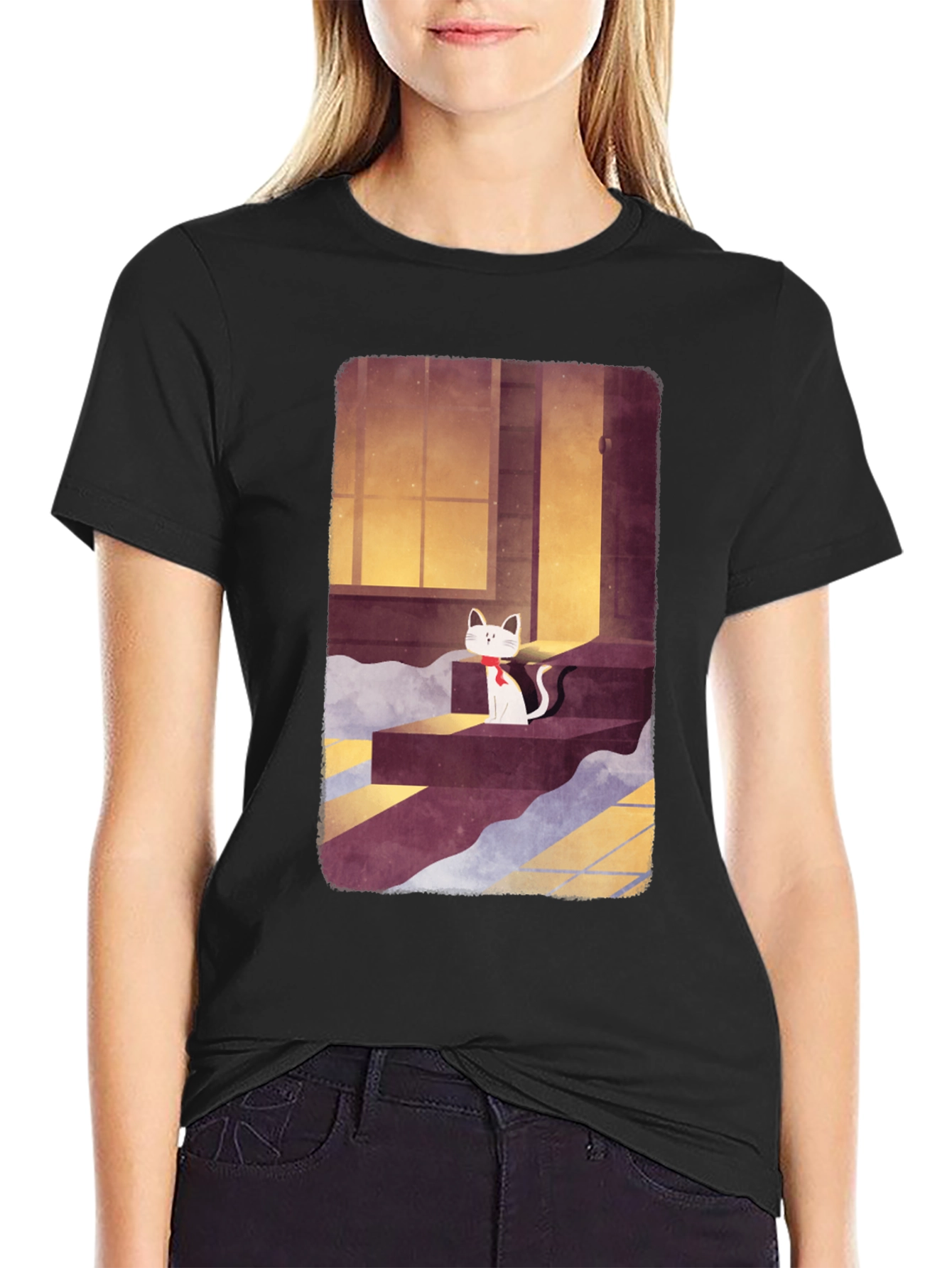 Cat on Steps Graphic Tee - Unisex Black T-Shirt