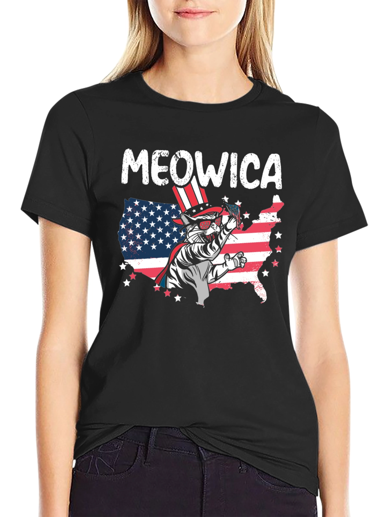 Meowica Patriotic Cat USA Flag Graphic T-Shirt