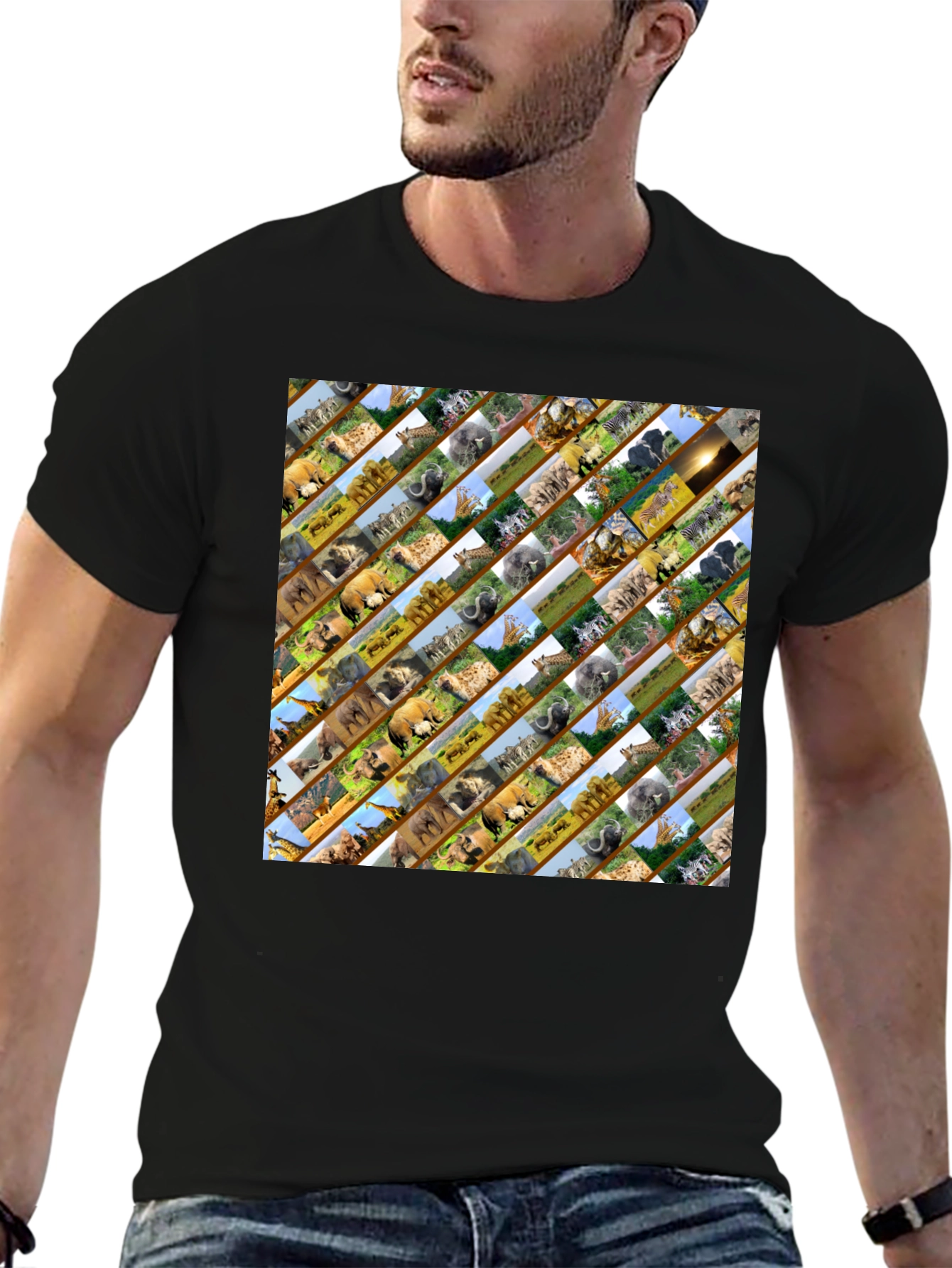 Wildlife Pattern Mens Black T-Shirt