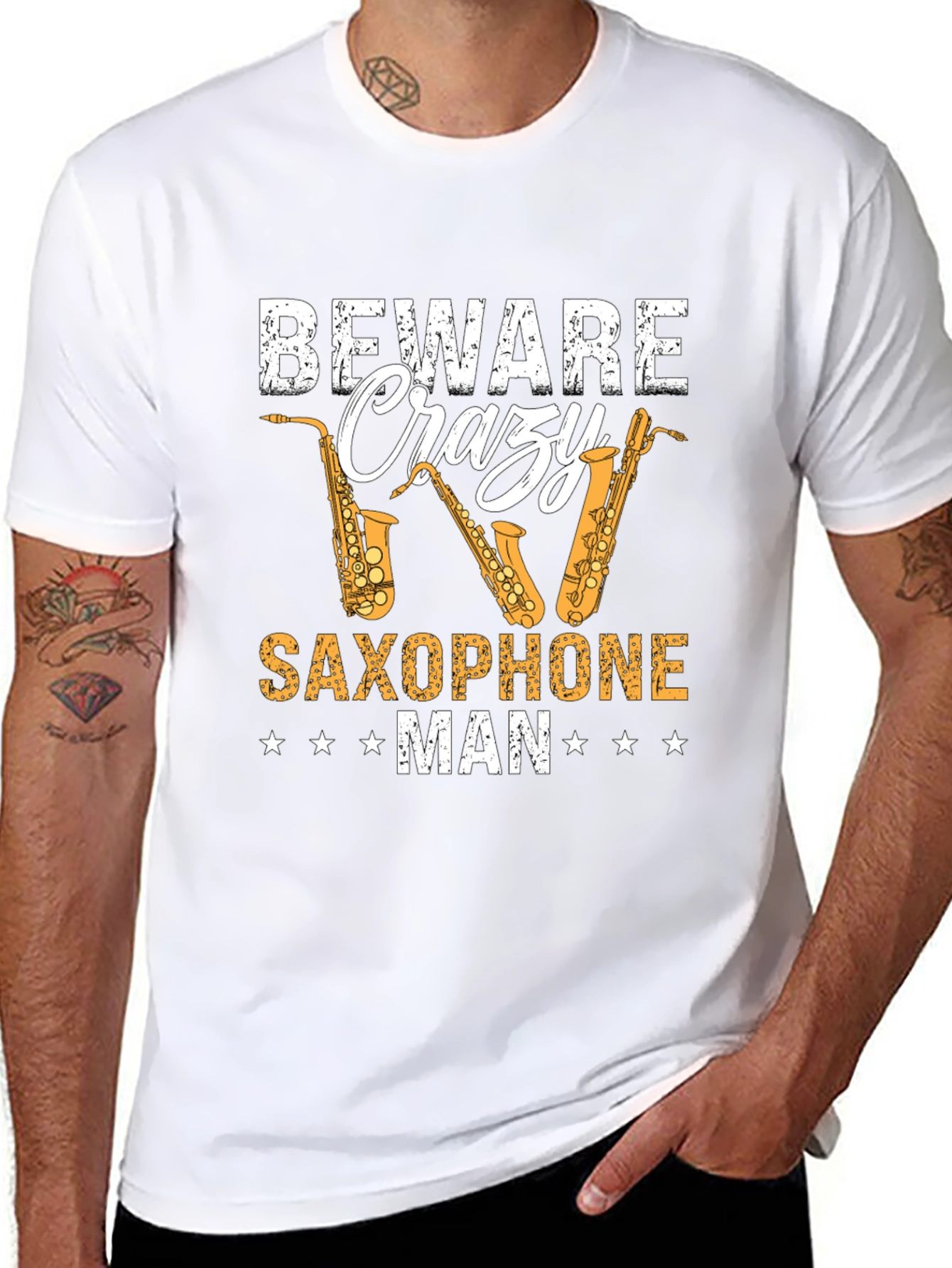 Beware Crazy Saxophone Man Graphic T-Shirt
