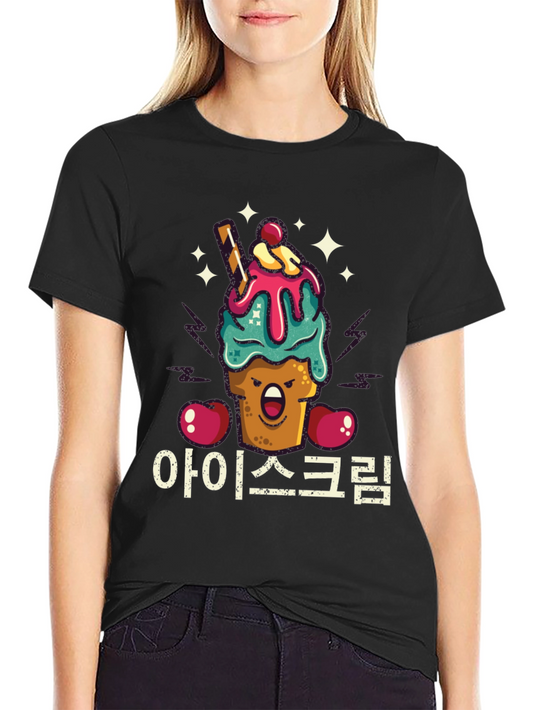 Ice Cream Cartoon Graphic Tee - Korean Text Design