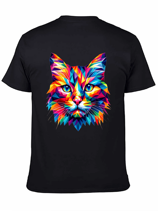 Geometric Cat Graphic Tee - Vivid Colors Stylish Design