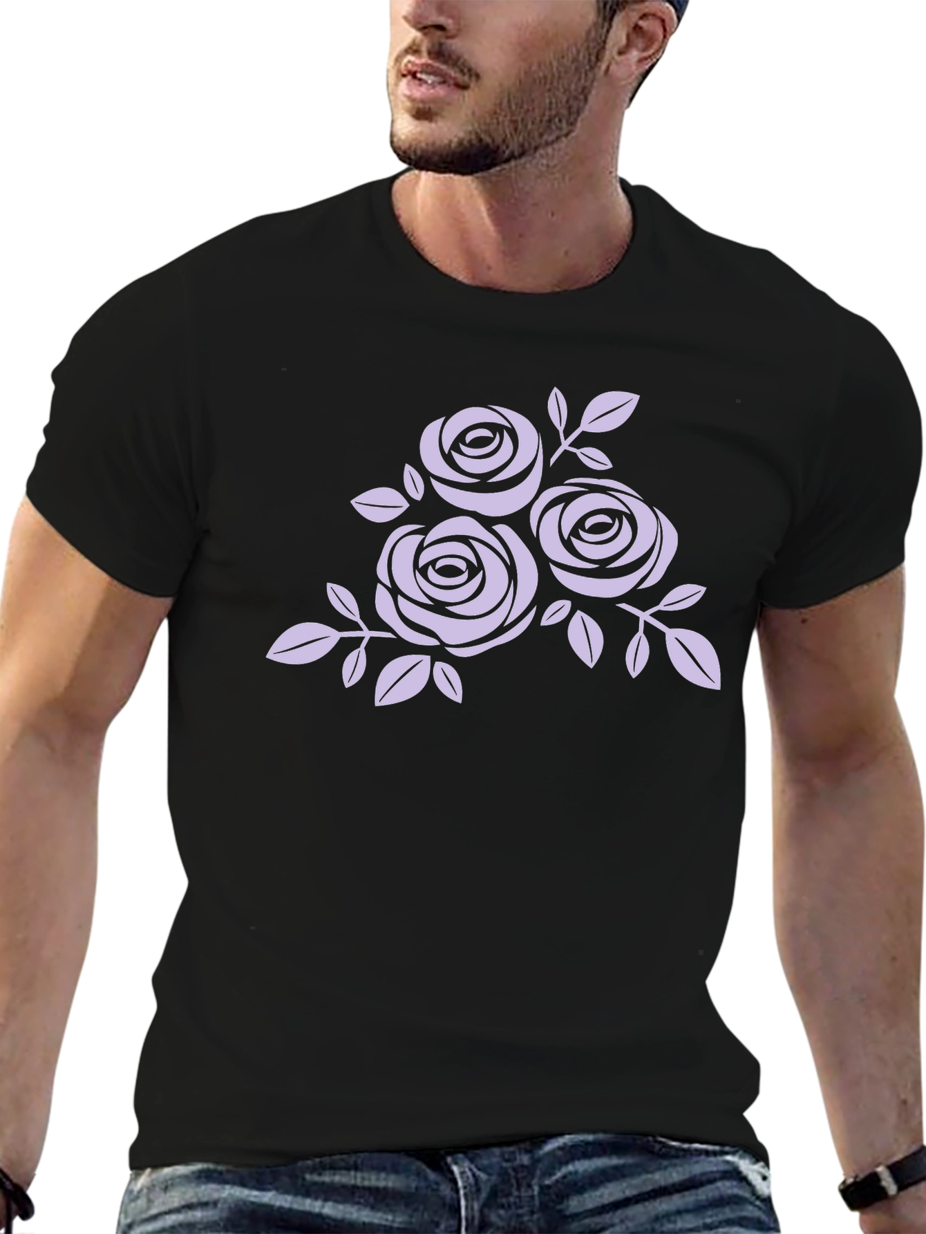 Black T-Shirt with Floral Rose Design