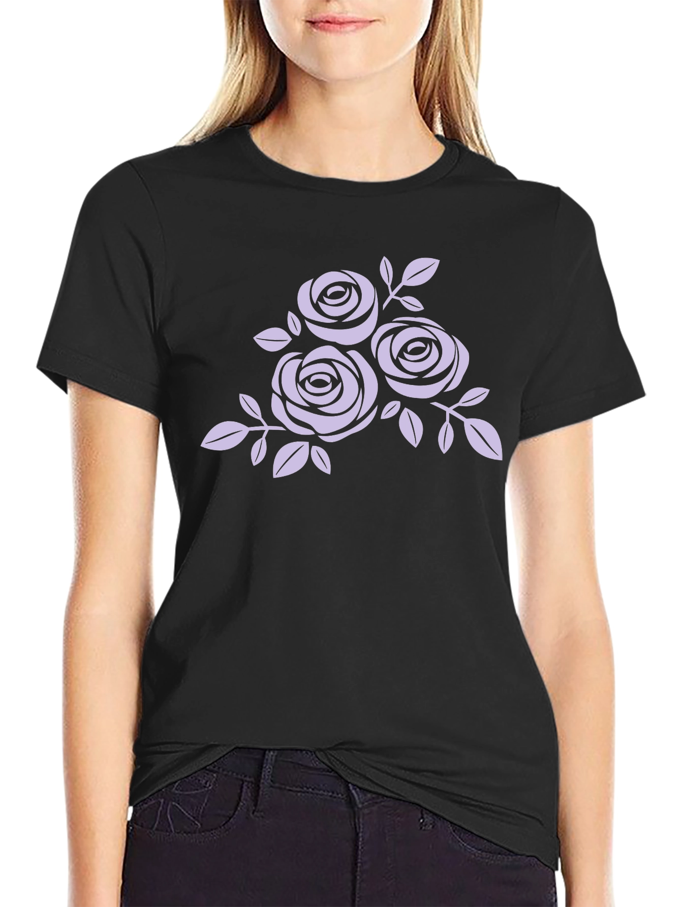 Black T-Shirt with Floral Rose Design