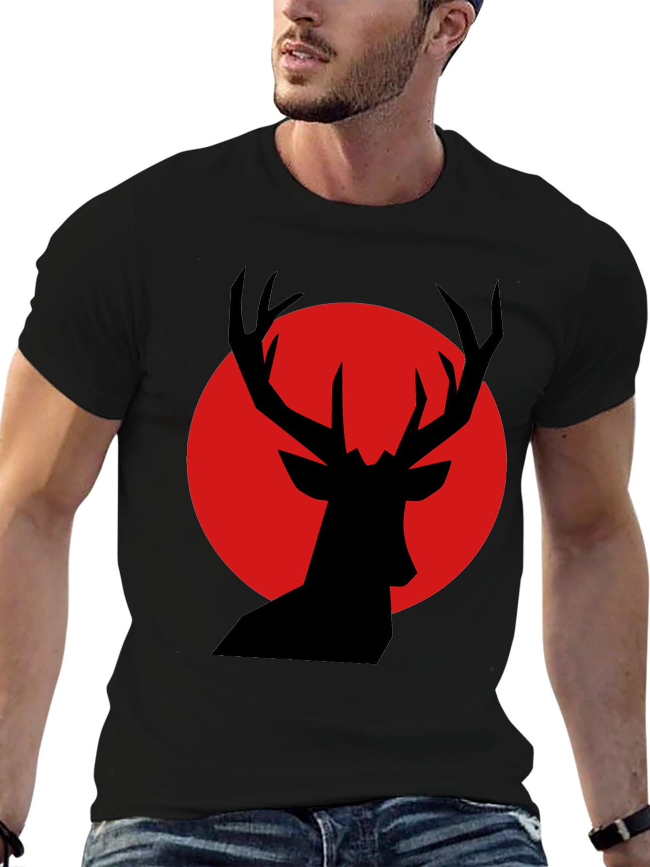 Black T-Shirt with Red Deer Silhouette