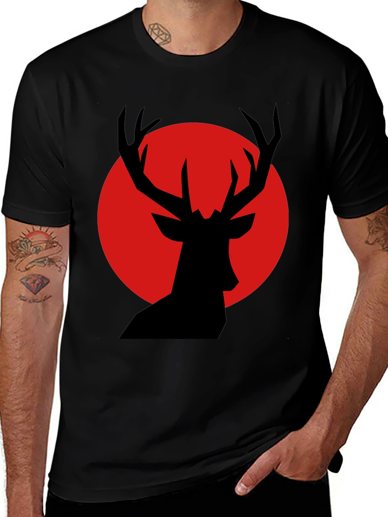 Black T-Shirt with Red Deer Silhouette