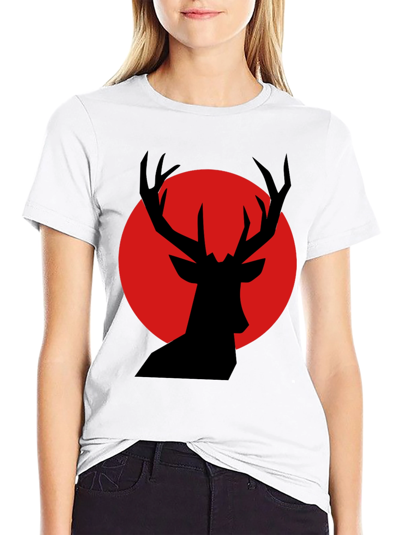 Black T-Shirt with Red Deer Silhouette