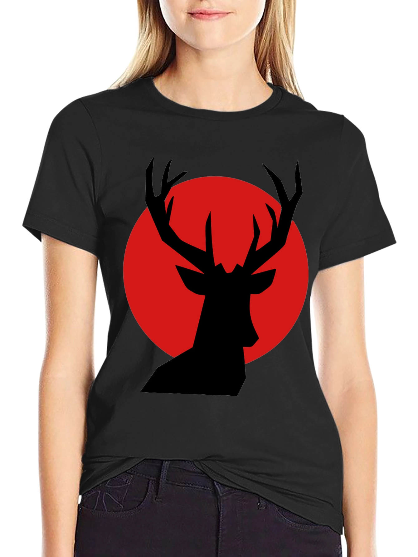 Black T-Shirt with Red Deer Silhouette