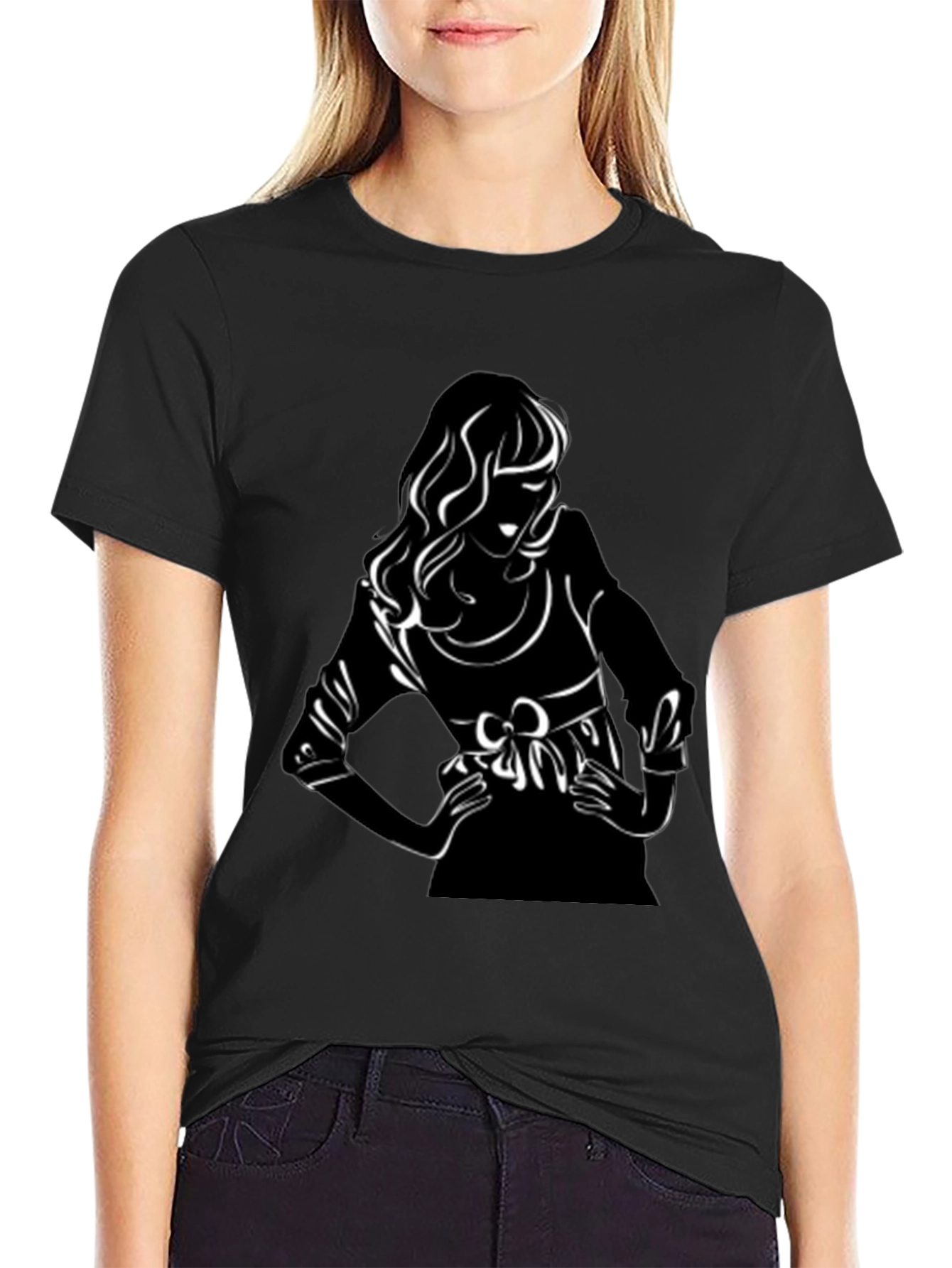 Black T-Shirt with Chic Woman Graphic