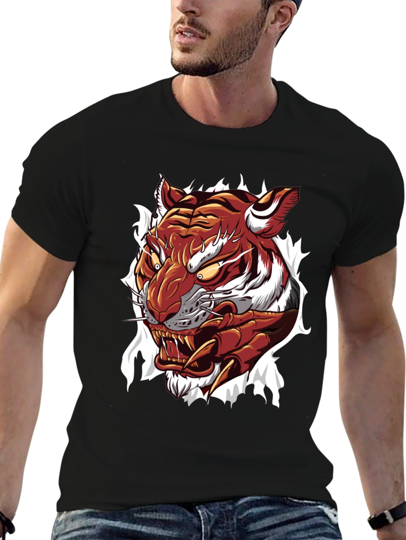 Mens Tiger Graphic Print Crew Neck T-Shirt