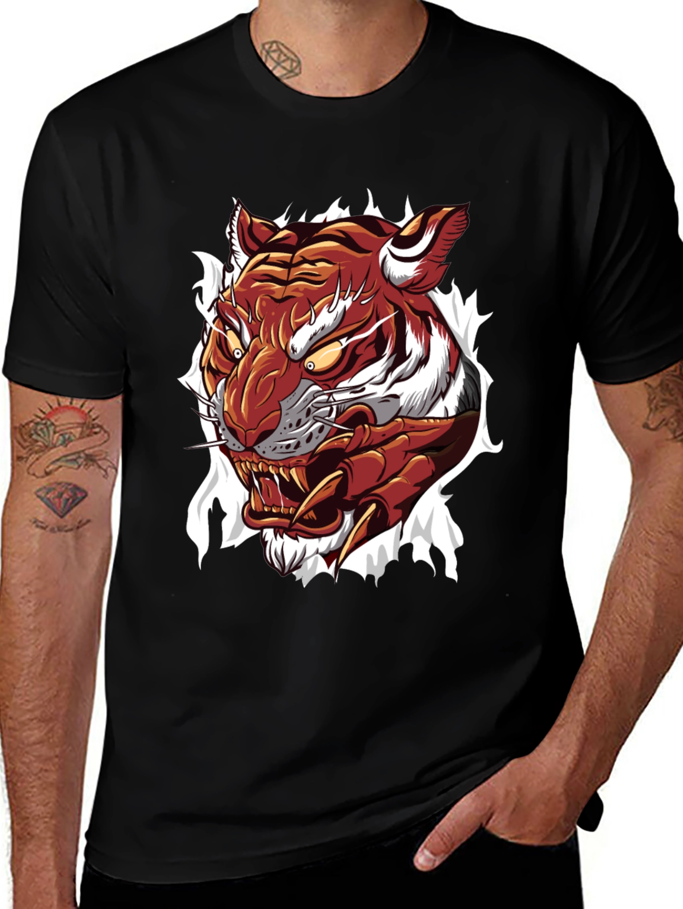 Mens Tiger Graphic Print Crew Neck T-Shirt