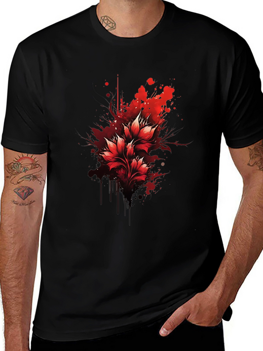Red Floral Splatter Graphic Black T-Shirt