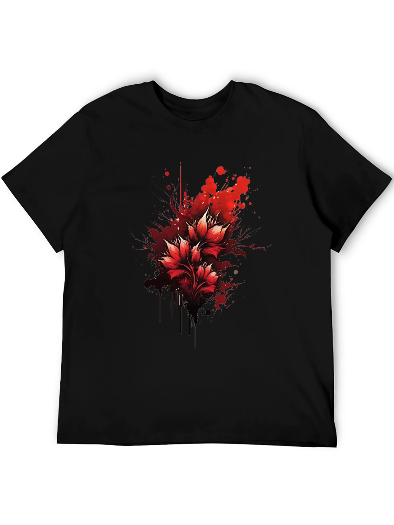 Red Floral Splatter Graphic Black T-Shirt